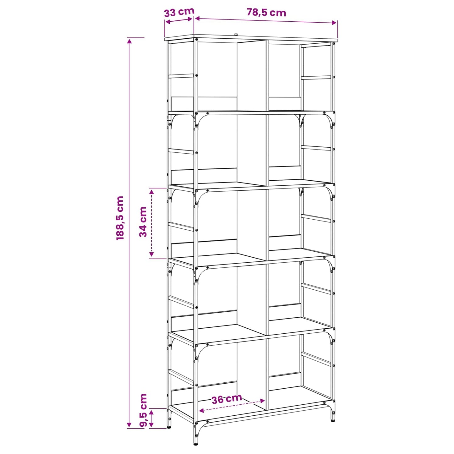 Boekenkast 4-laags 78,5 x 33 x 188,5 cm metaal PB Oud hout