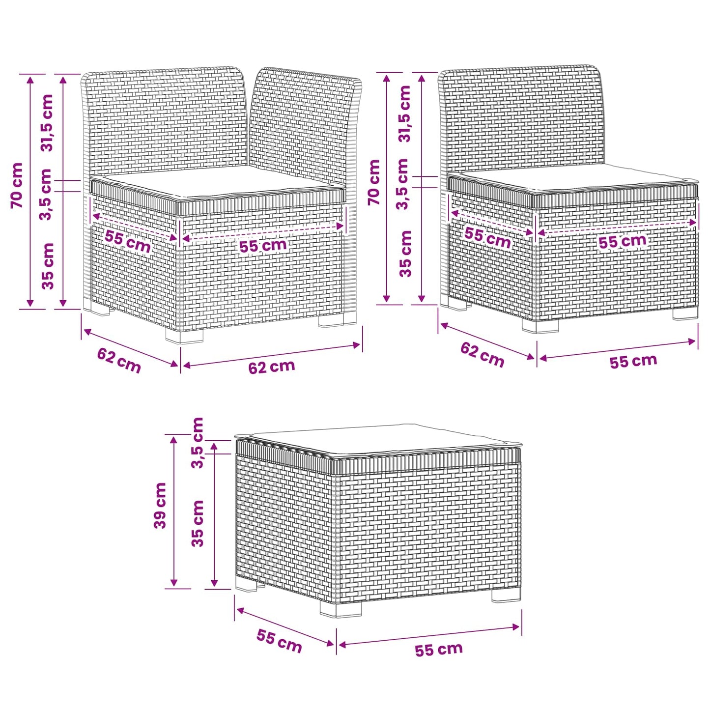 3-zits tuinbank met kussens in rattanlook PP Wit