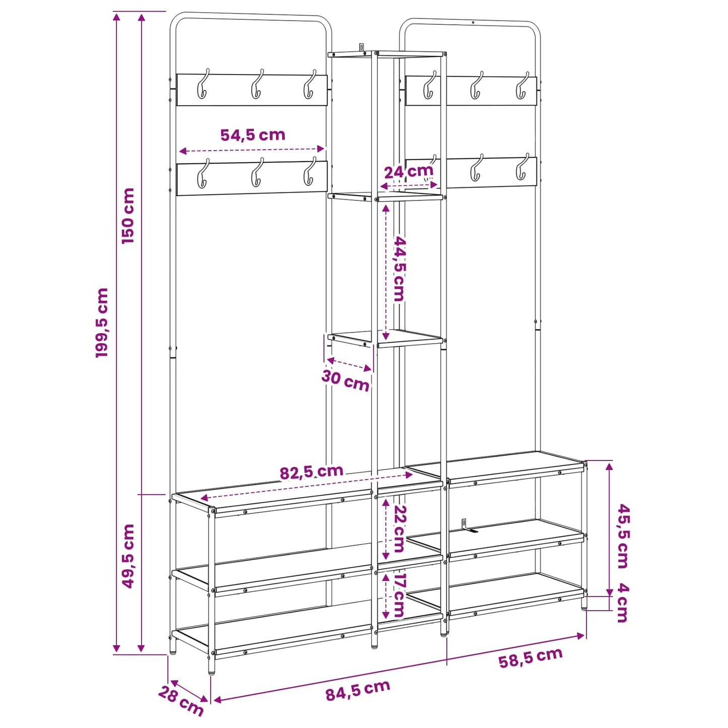 Kapstok met schoenenbank Artisanaal eiken 143 x 30 x 199,5 cm