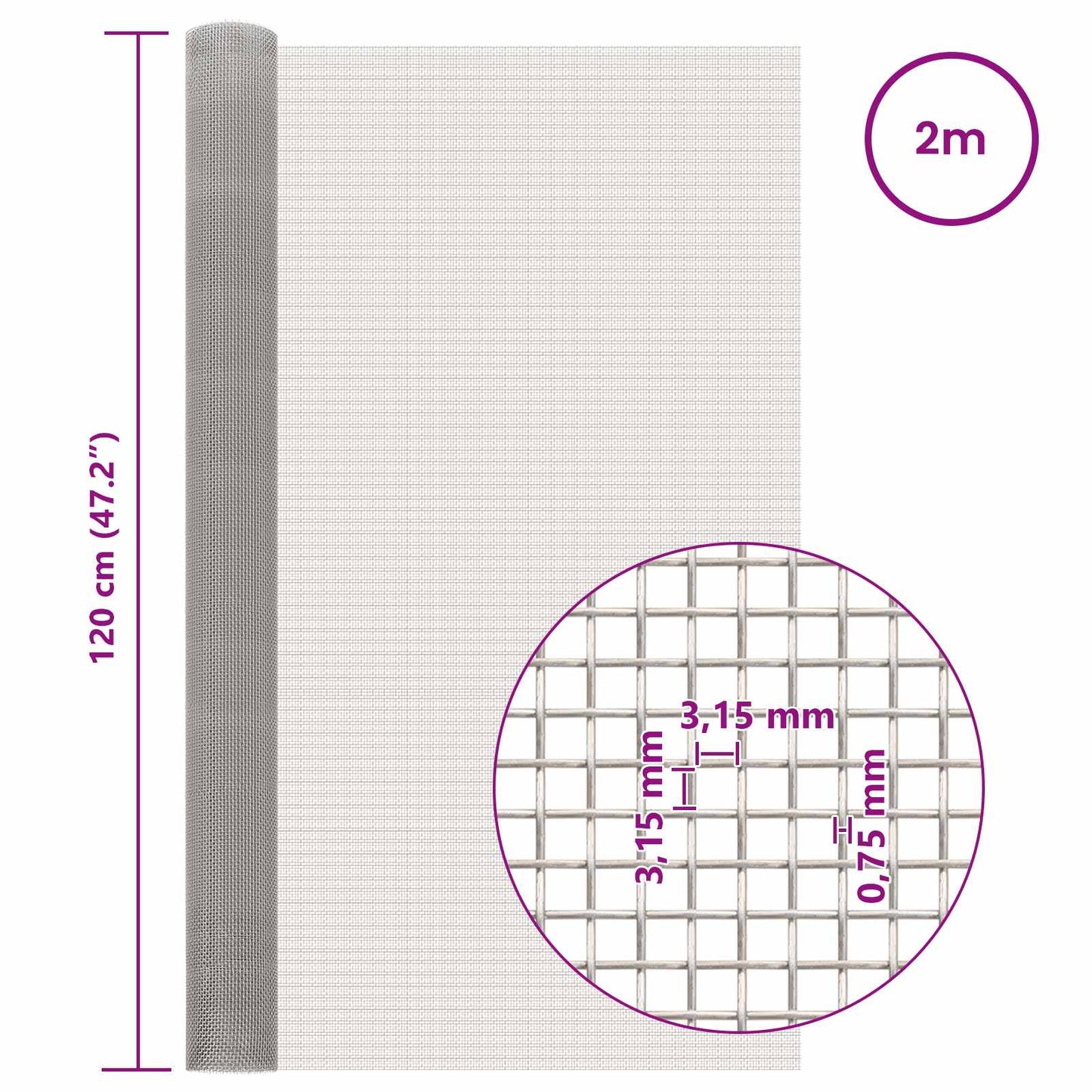 Gaas Scherm 120 x 200 cm 6 Mesh RVS 201 Zilverkleurig