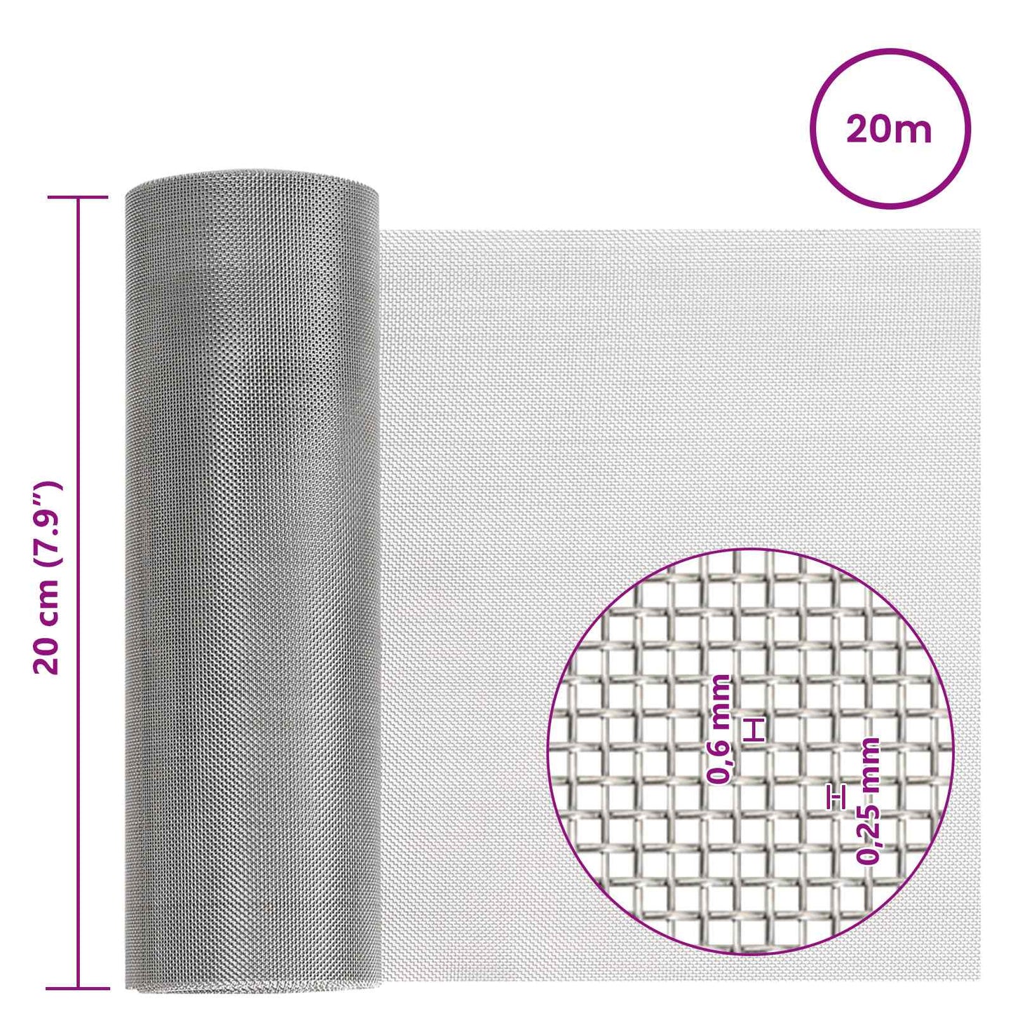 Gaas Scherm 20 x 2000 cm 30 Mesh RVS 201 Zilverkleurig
