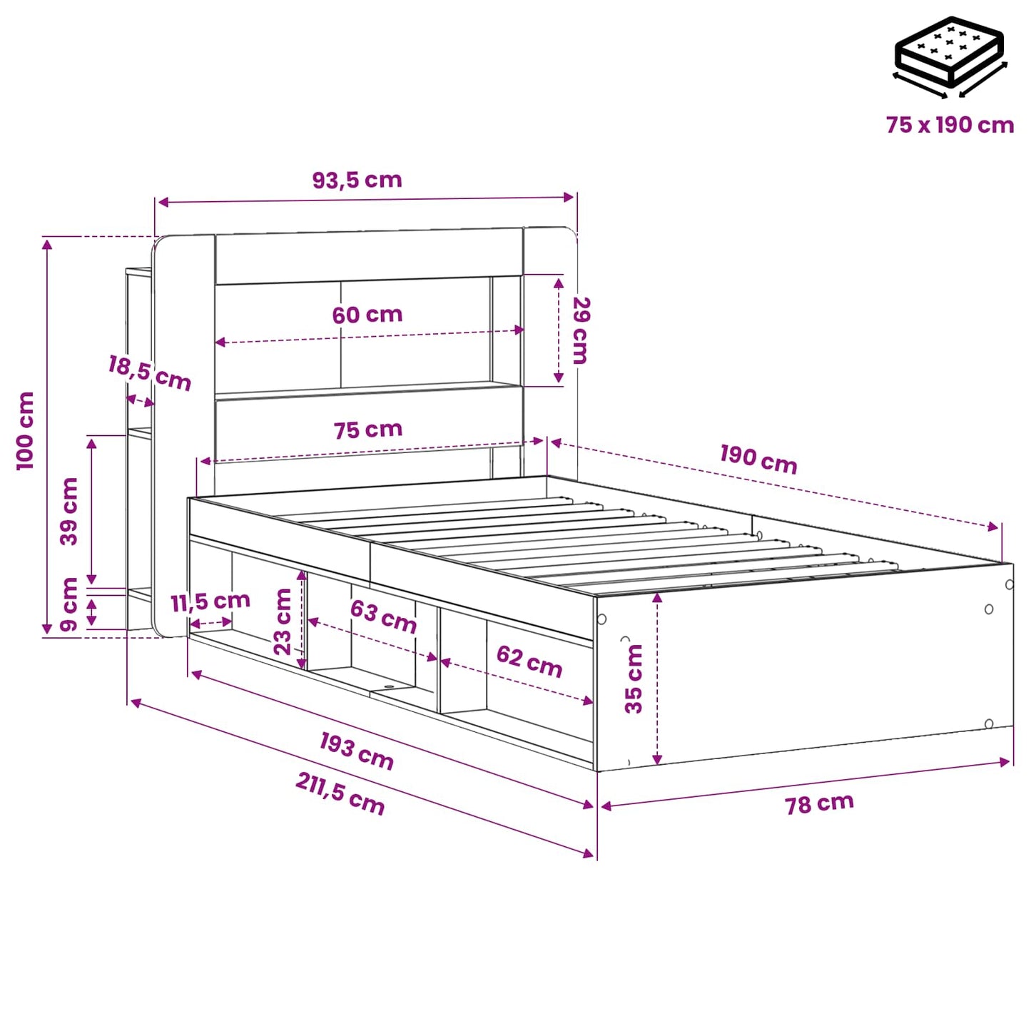 Bedframe met opslag Zwart 75 x 190 cm Bewerkt hout
