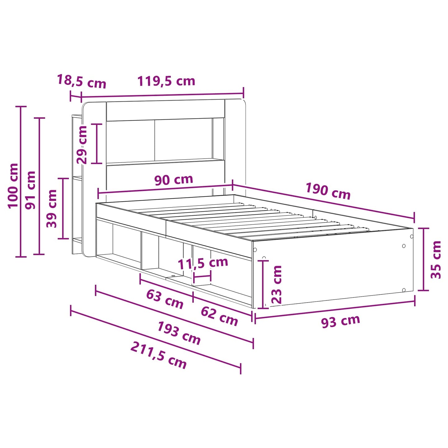 Bedframe met opslag Oud hout 90 x 190 cm Bewerkt hout