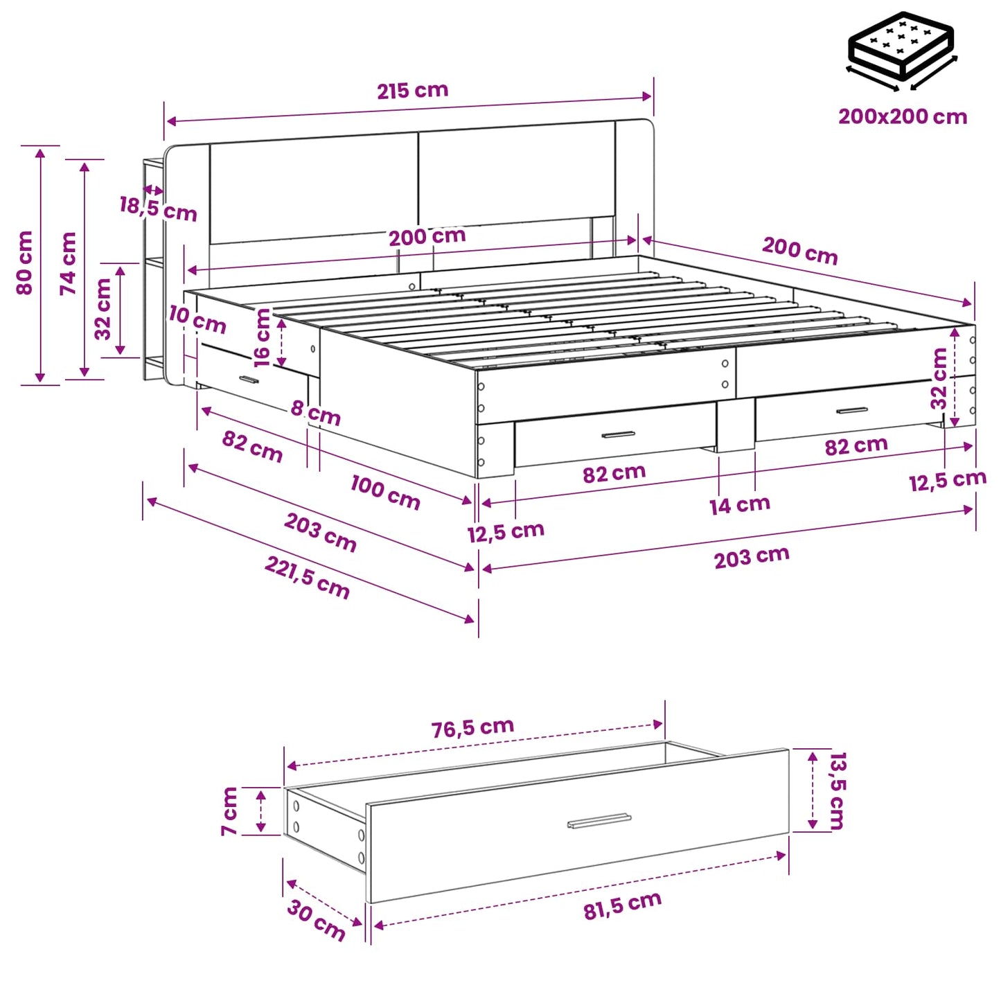Bedframe met opslag Betongrijs 200 x 200 cm Bewerkt hout