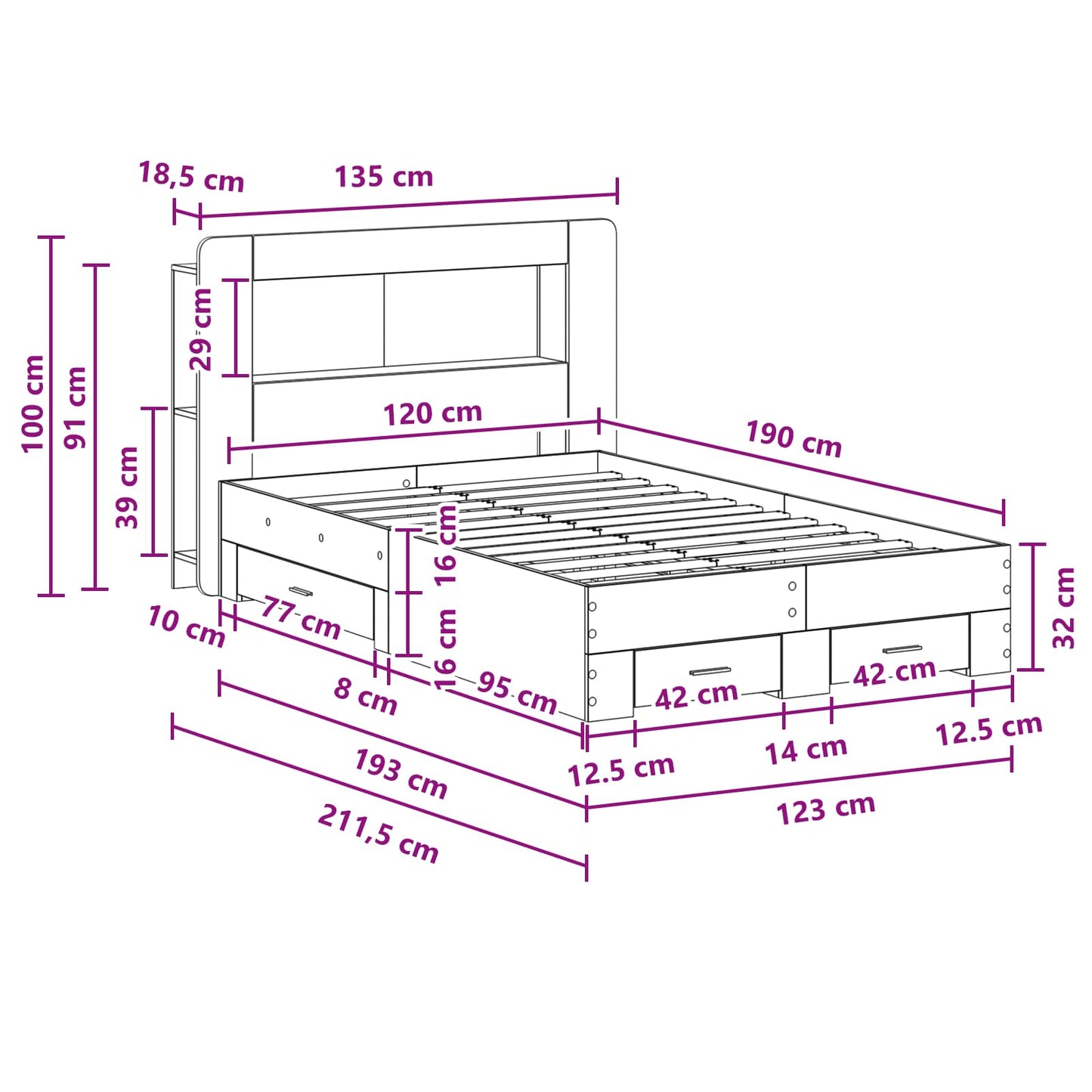 Bedframe met opslag Grijs Sonoma 120 x 190 cm Bewerkt hout