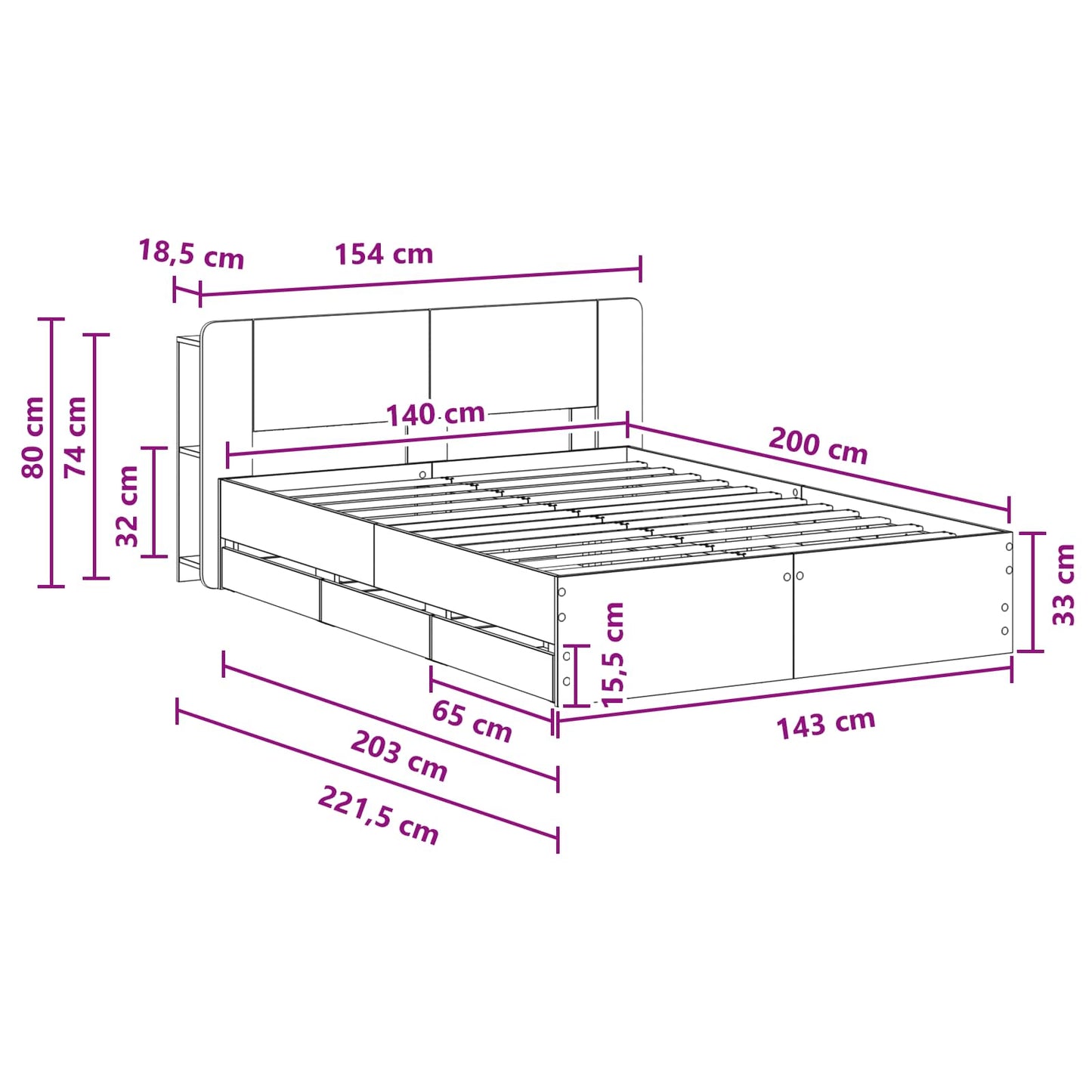 Bedframe met opslag Grijs Sonoma 140 x 200 cm Bewerkt hout