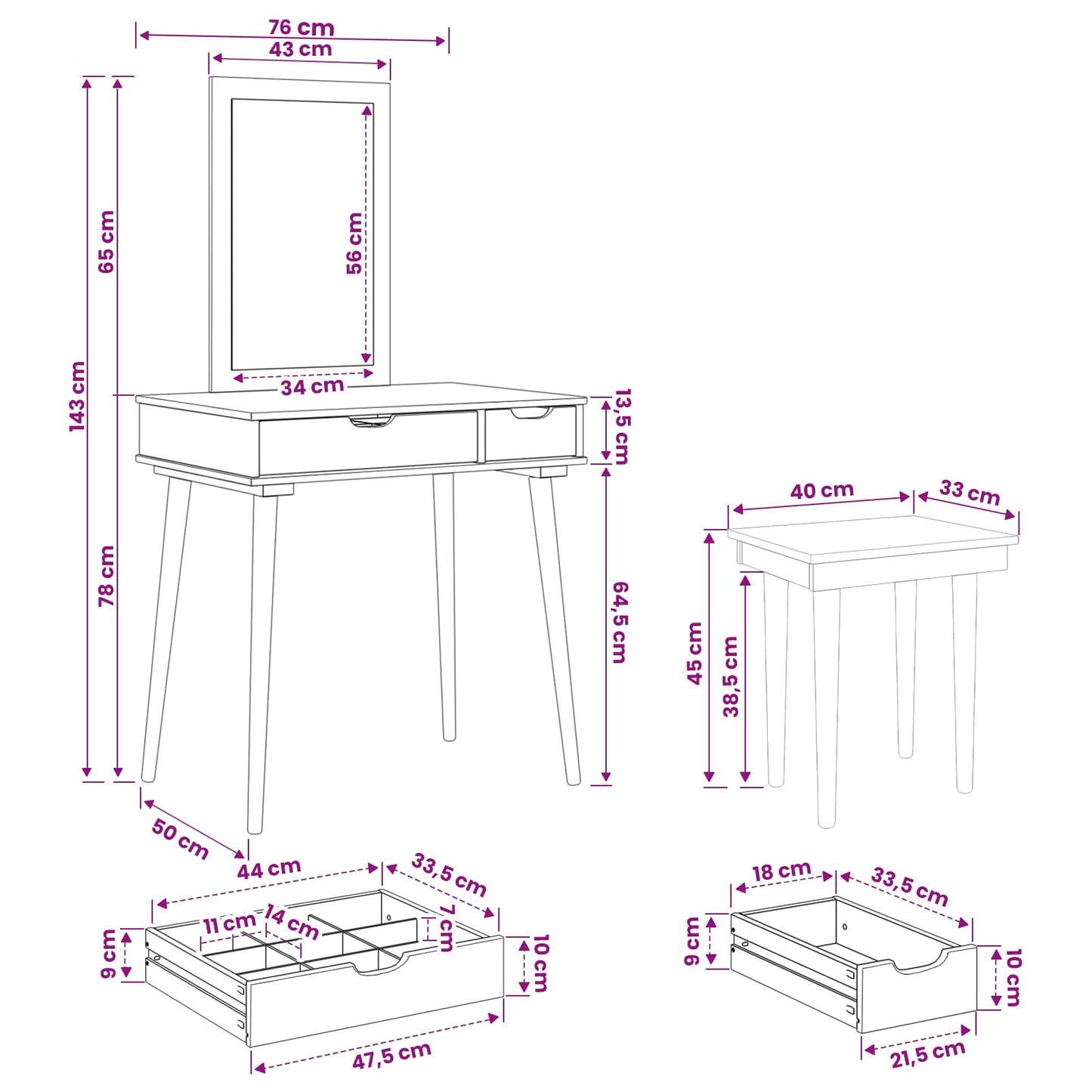 Toilettafel Set FAUSKE 3 pcs Wit 76 x 50 x 143 cm