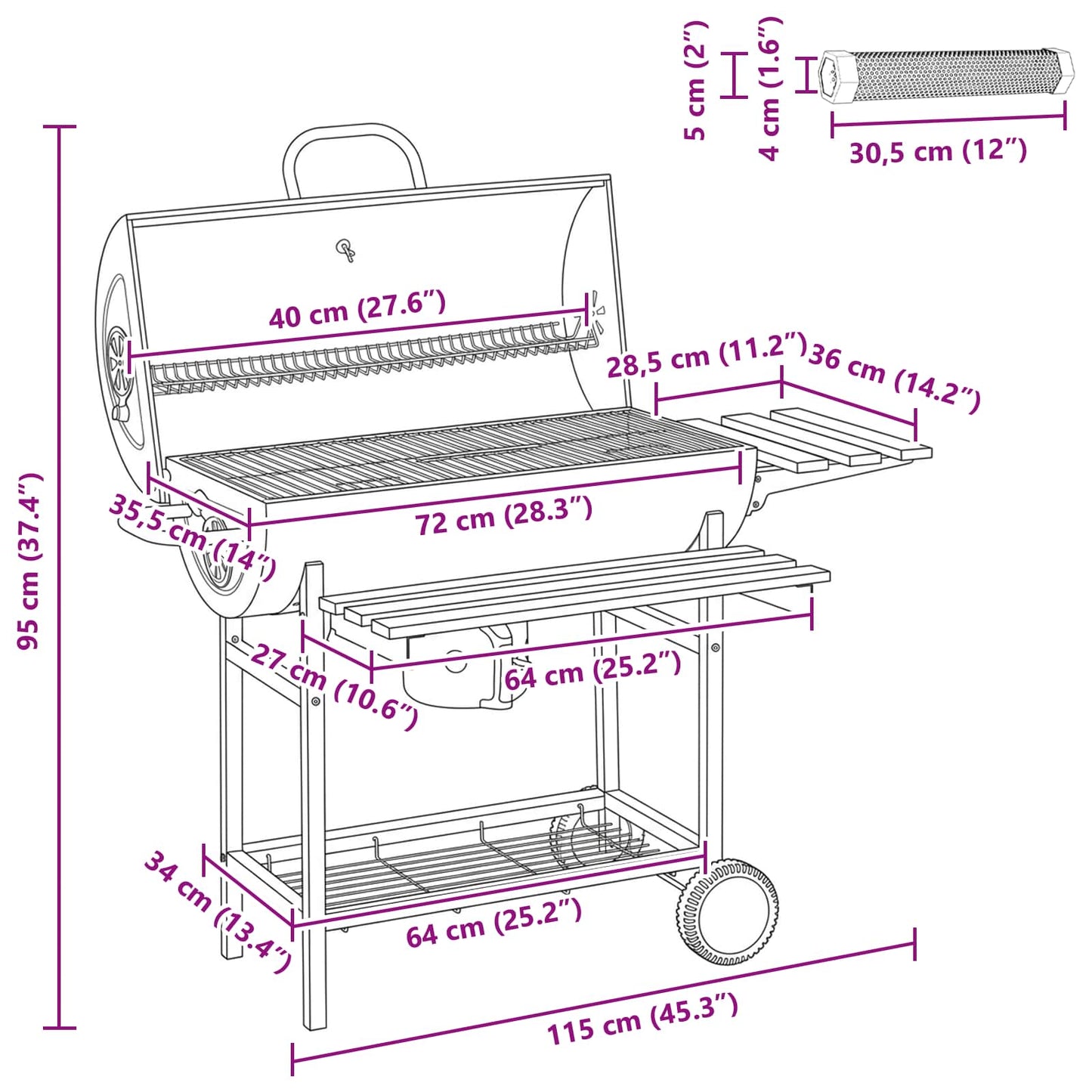Vaten Grill met Wielen en Planken 3 st 115 x 85 x 95 cm Metaal