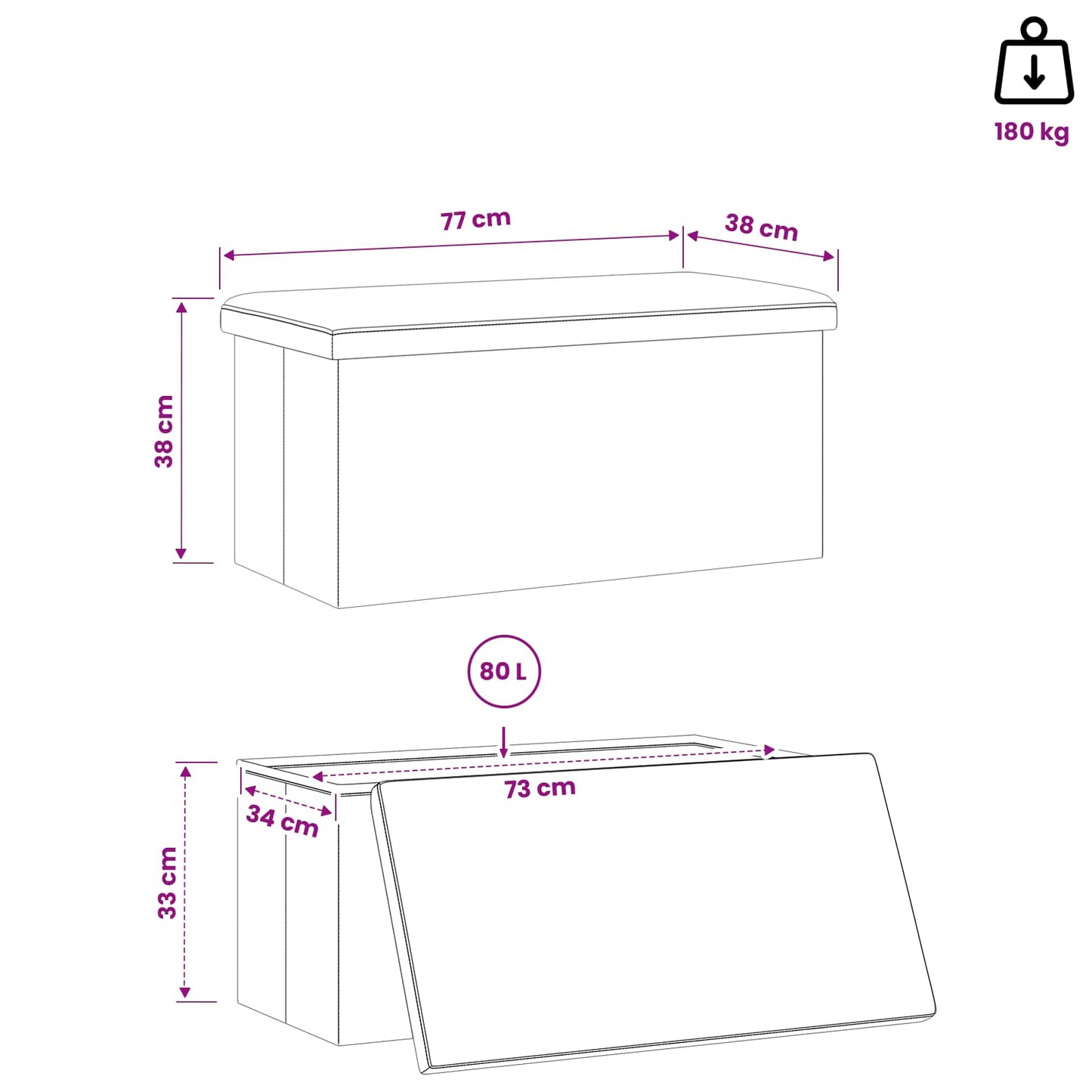 Vouwbare Opbergbank Wit 180 kg 80 L 77 x 38 x 38 cm PVC