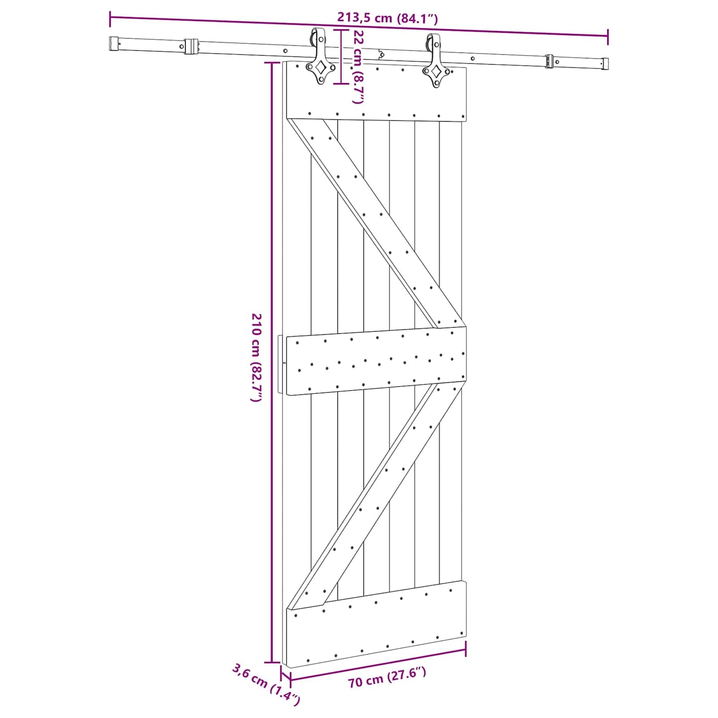 Schuifdeur NARVIK Naturel en Zwart 70 x 210 cm (213,5 cm)