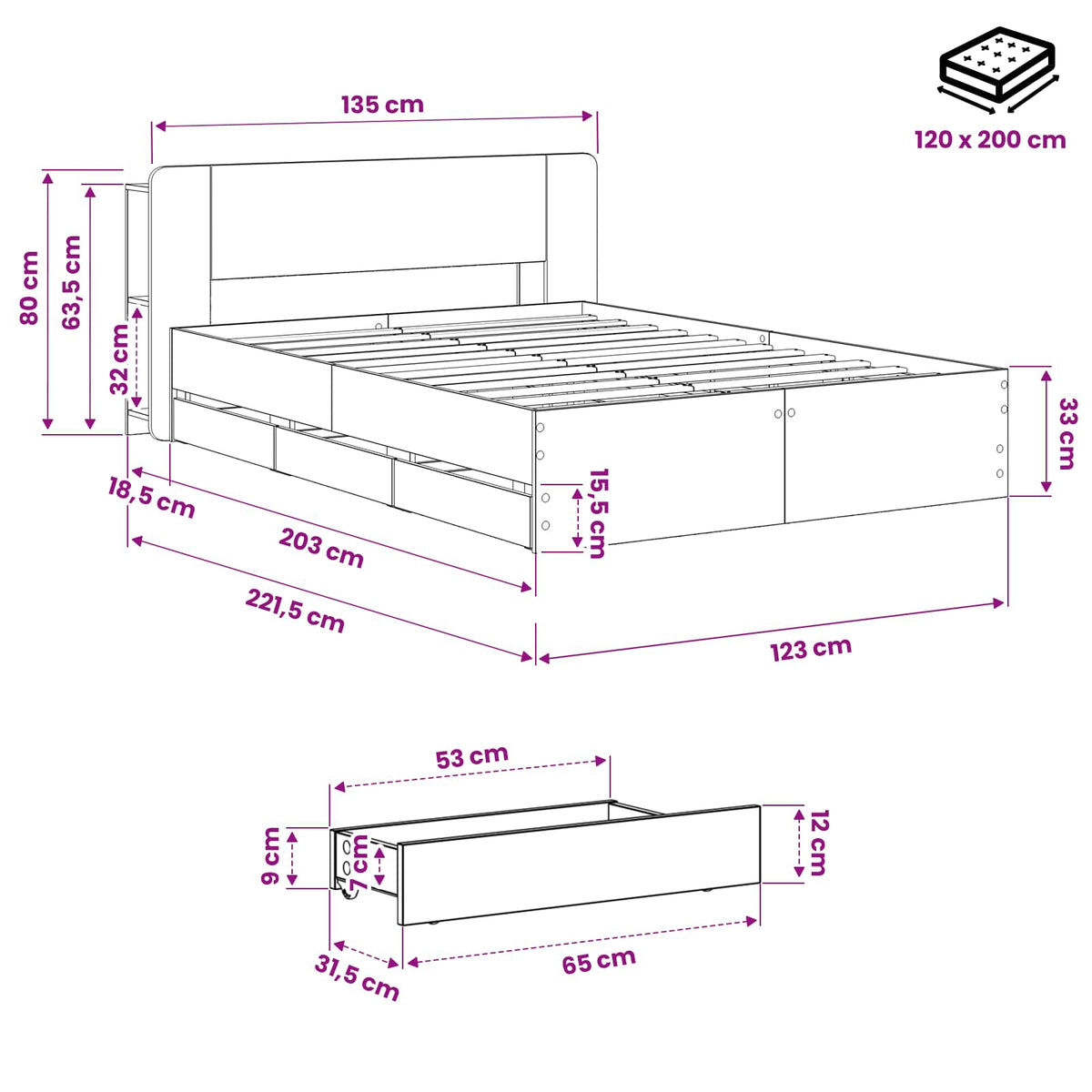 Bedframe met opbergruimte en hoofdbord Artisanaal eiken