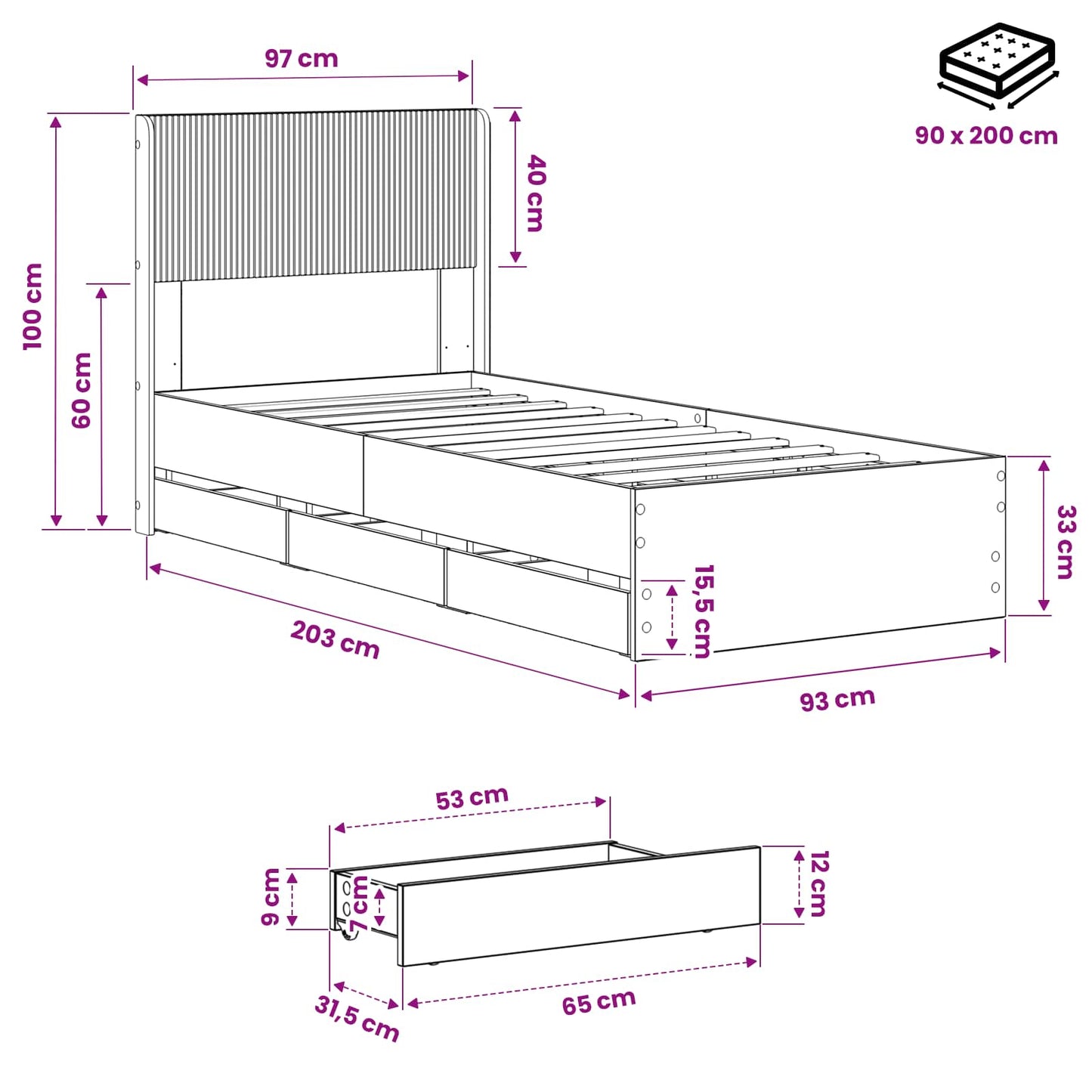 Bedframe met opbergruimte en hoofdbord Artisan Oak 90 x 200 cm