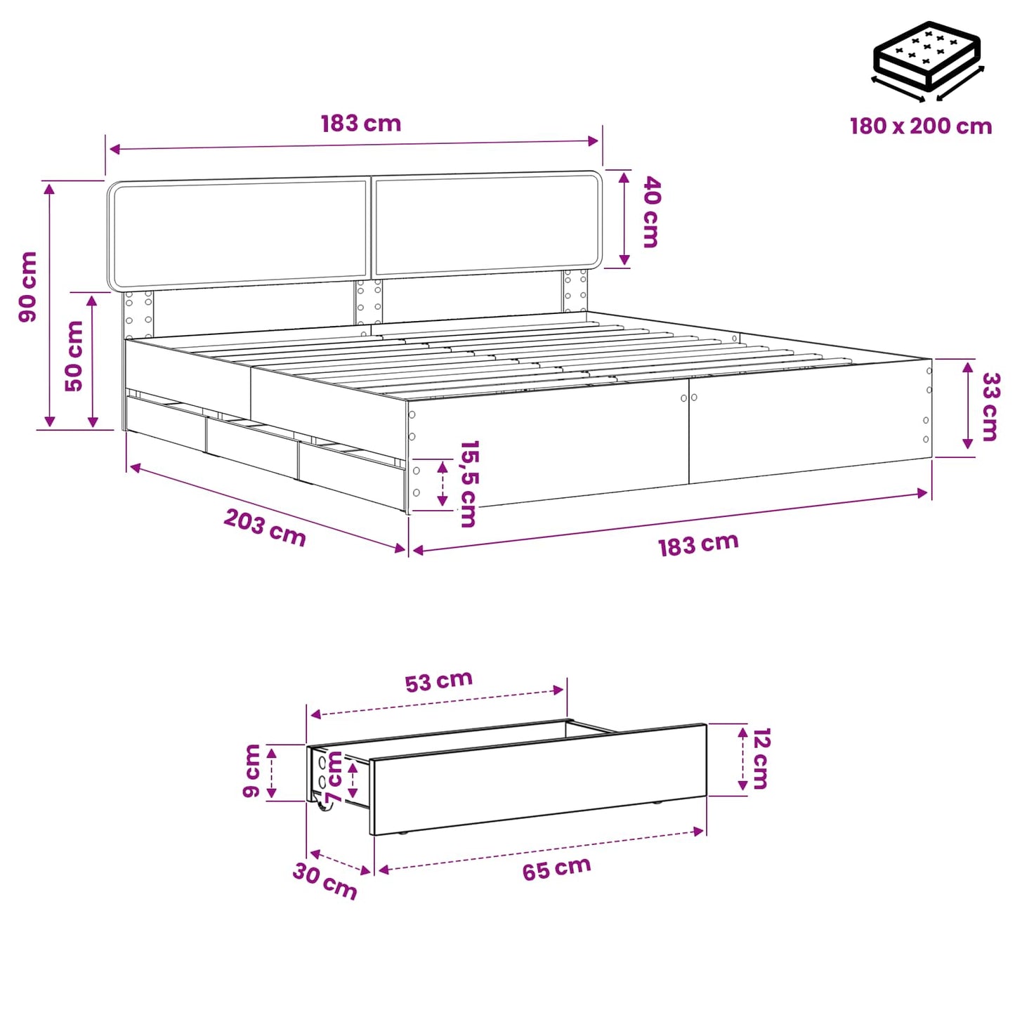 Bed Frame with Storage and Headboard Artisan Oak 180 x 200 cm