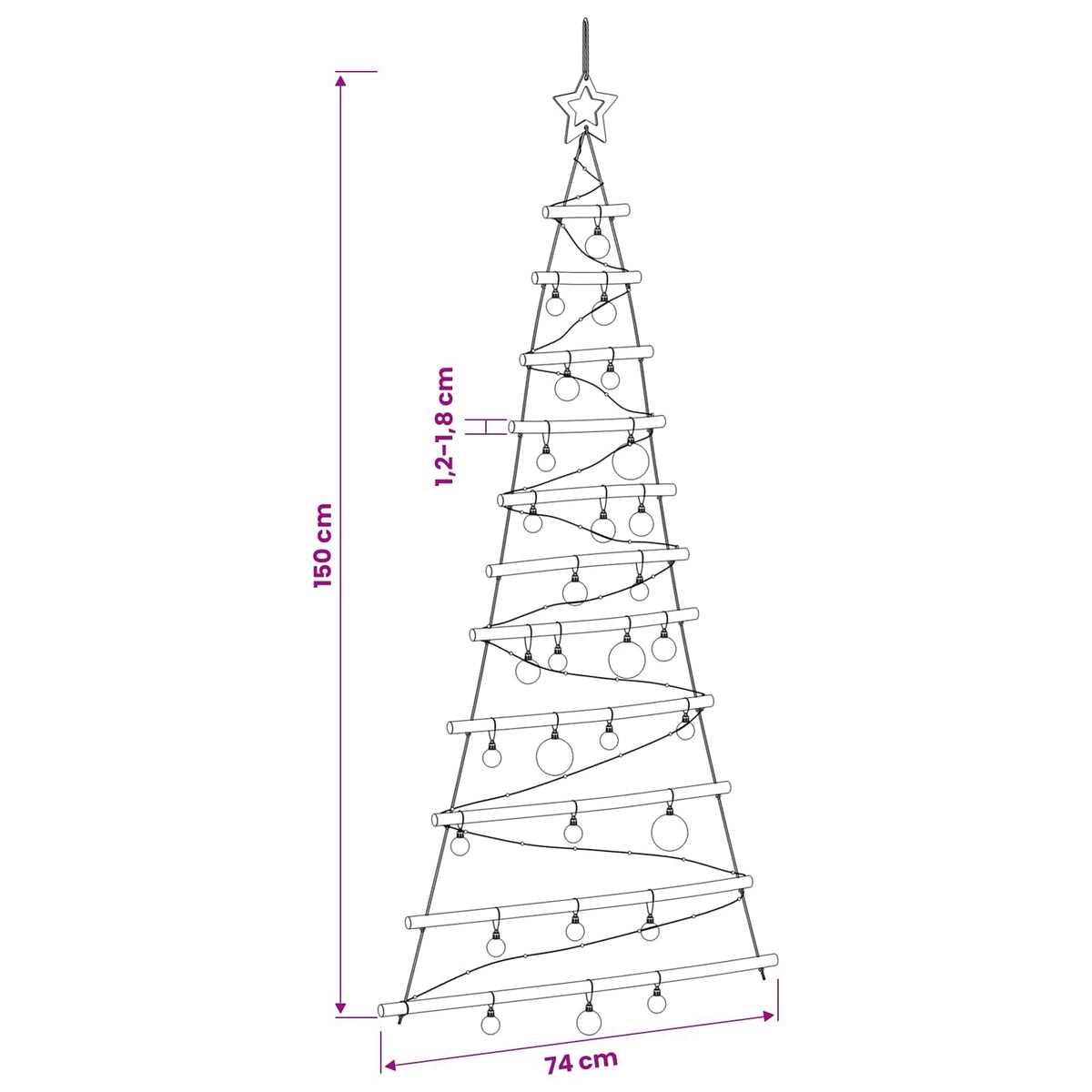 Hangende kerstboom met ballen 150 cm 80 LED's Warmwit