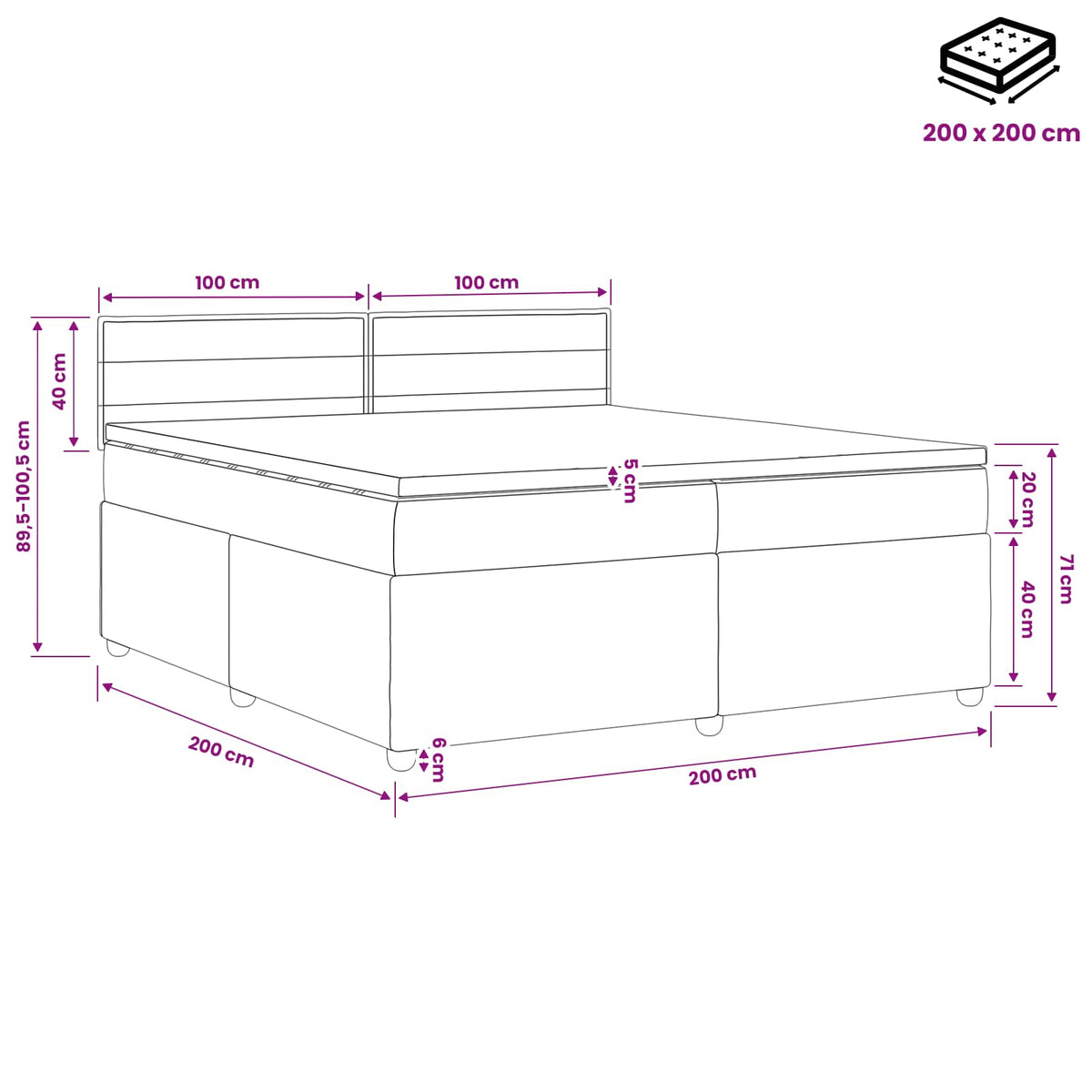 Boxspringbed met matras met hoofdeinde Blauw 200 x 200 cm Stof