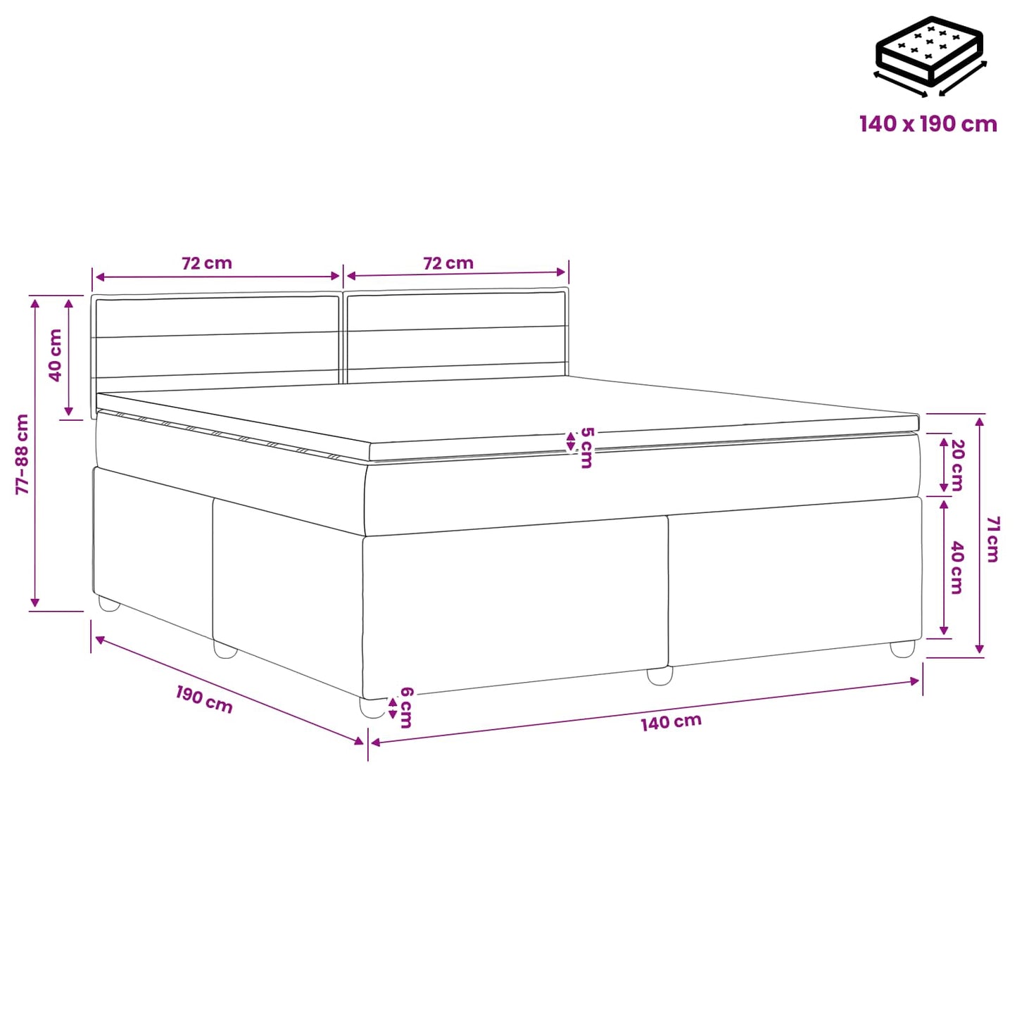 Boxspringbed met matras met hoofdeinde Zwart 140 x 190 cm Stof