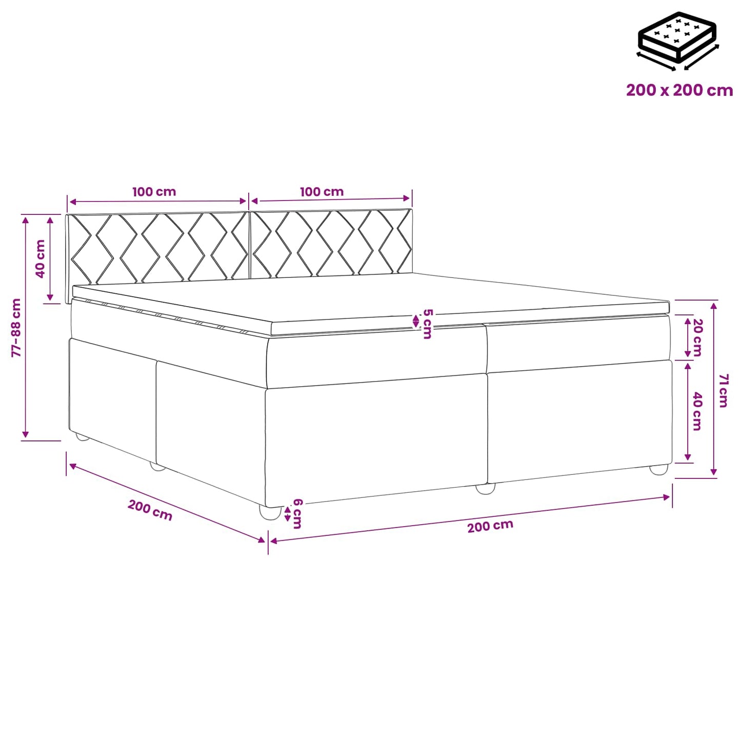 Boxspringbed met matras met hoofdeinde Zwart 200 x 200 cm Stof