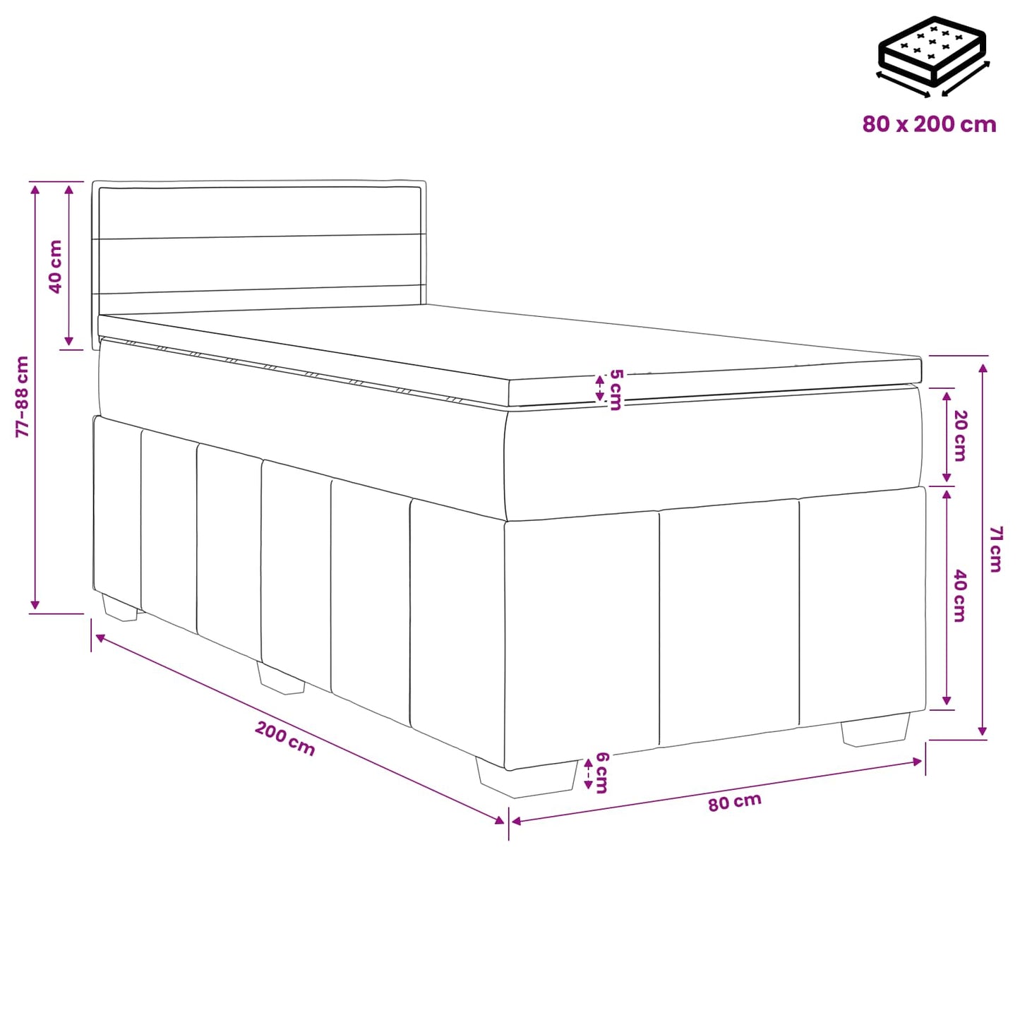 Boxspringbed met matras met hoofdeinde Zwart 80 x 200 cm Stof