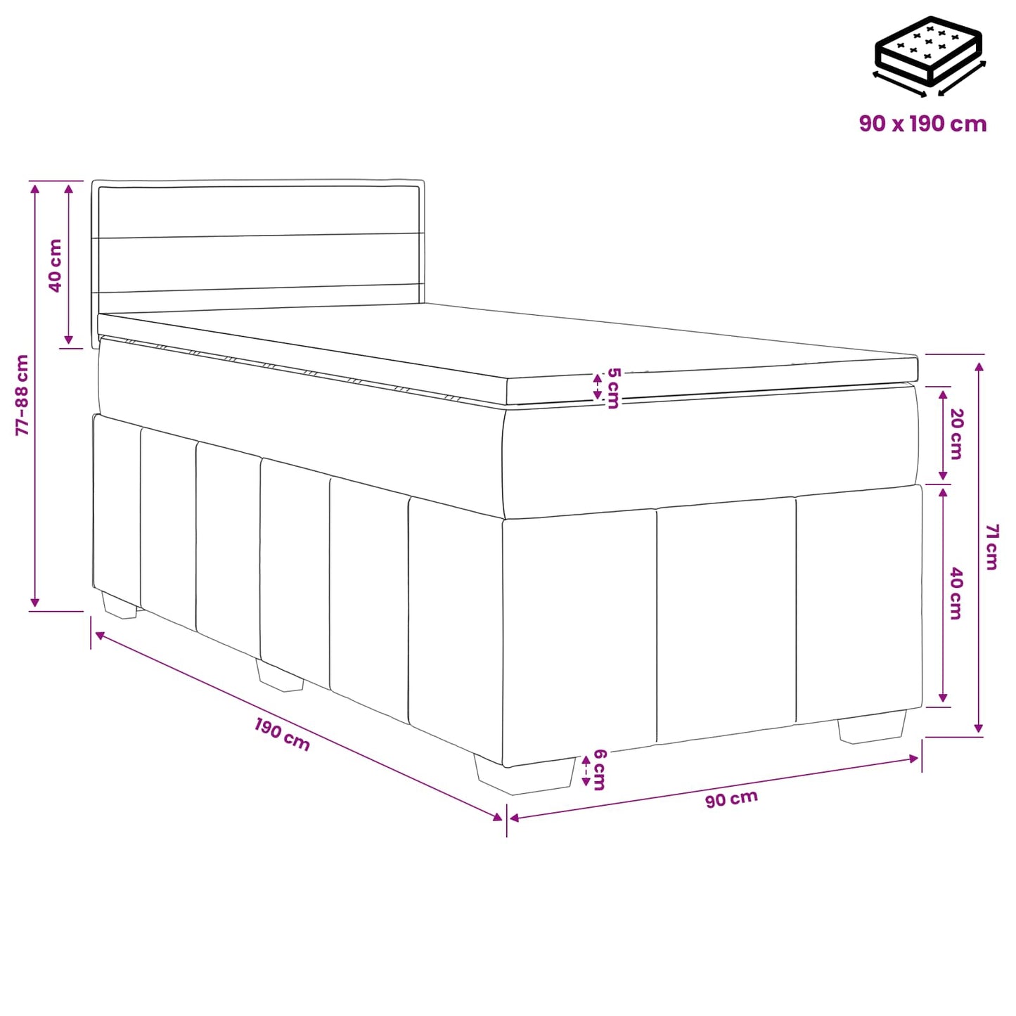 Boxspringbed met matras met hoofdeinde Zwart 90 x 190 cm Stof