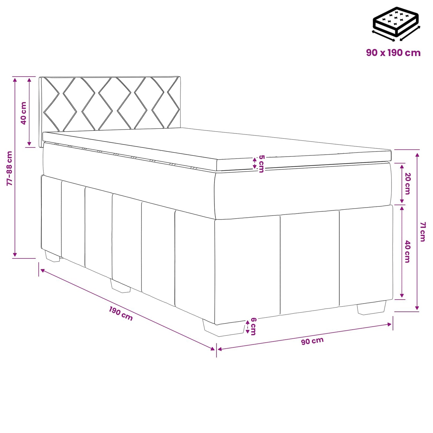 Boxspringbed met matras met hoofdeinde Zwart 90 x 190 cm Stof