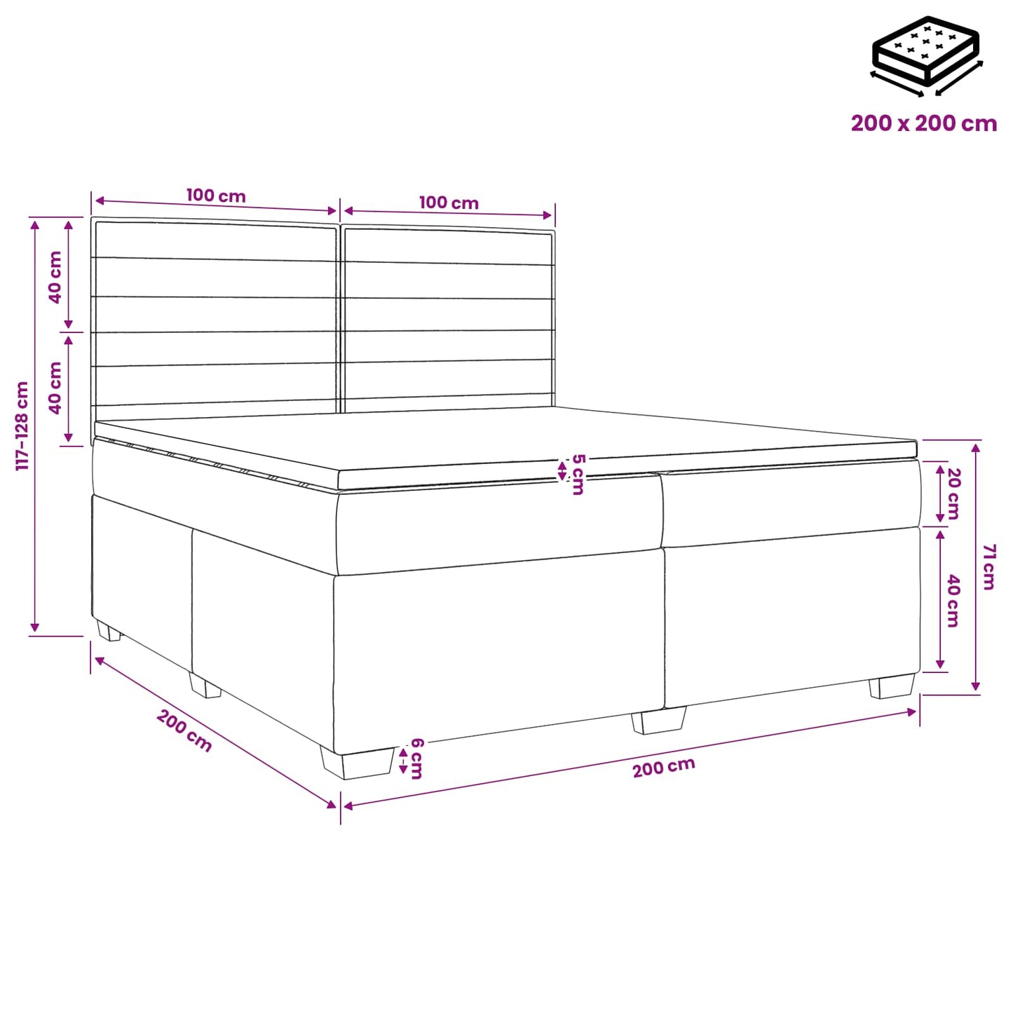 Boxspringbed met matras Lichtgrijs 200 x 200 cm Stof