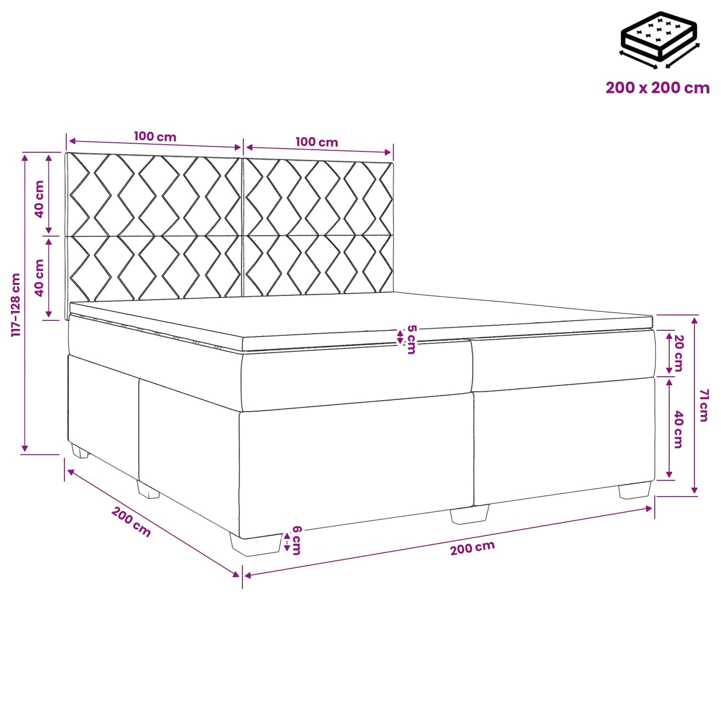 Boxspringbed met matras Lichtgrijs 200 x 200 cm Stof