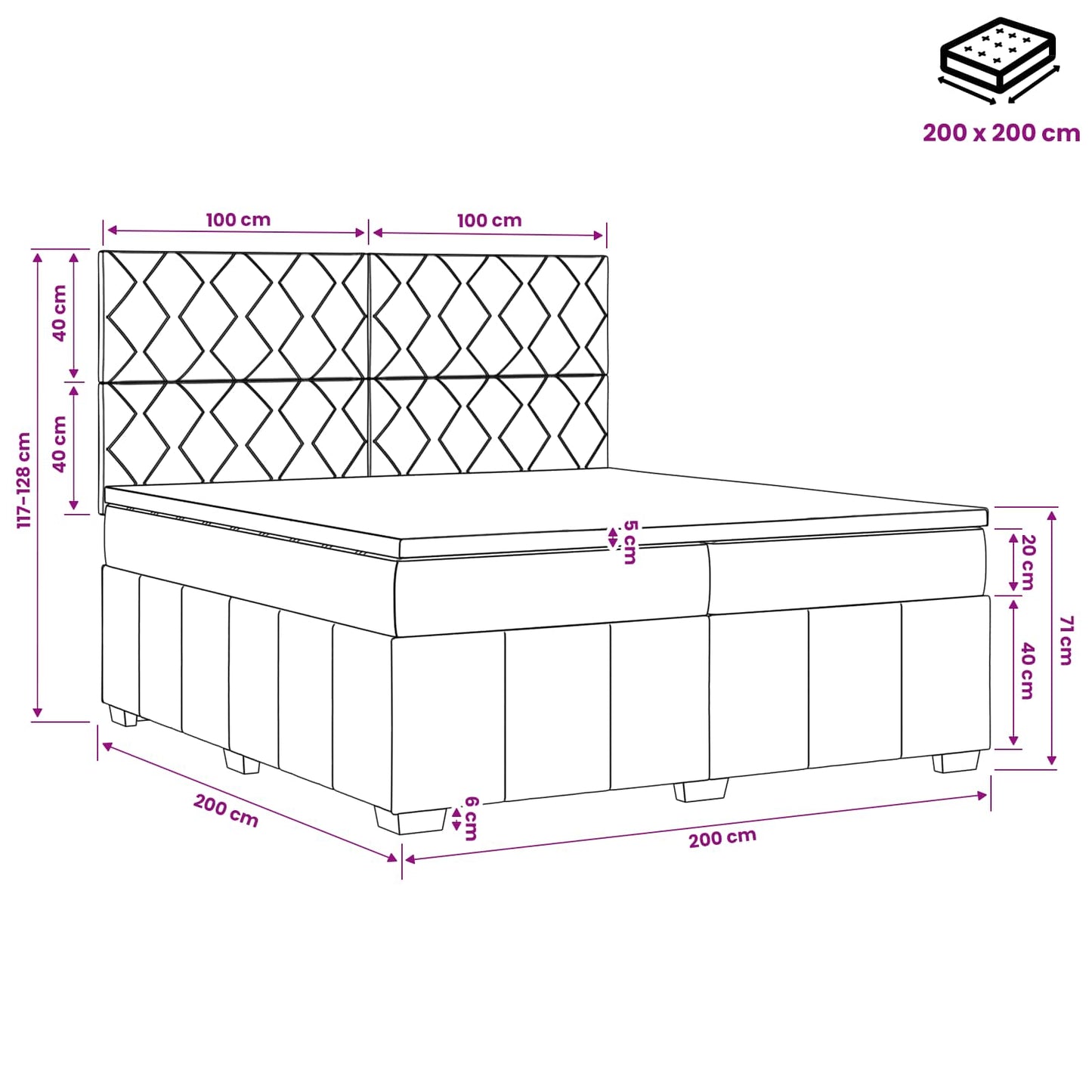 Boxspringbed met matras met hoofdeinde Blauw 200 x 200 cm Stof