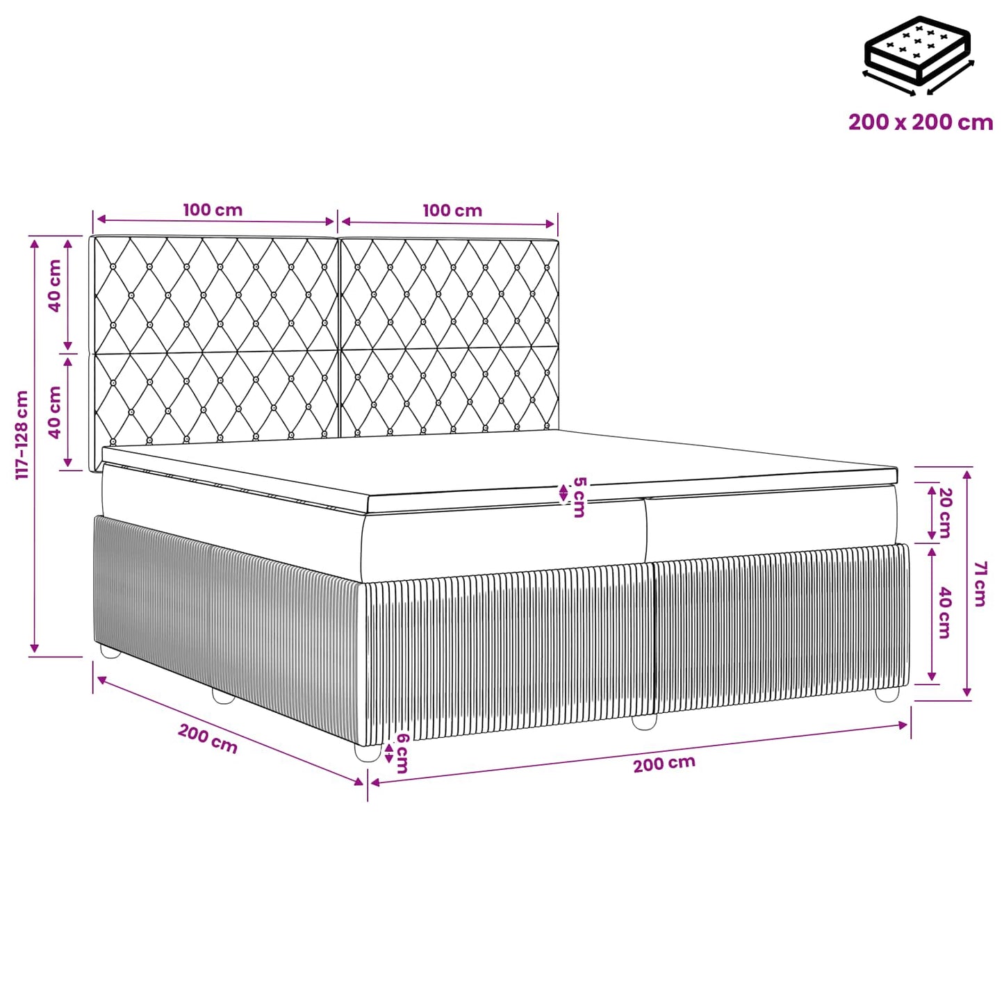 Boxspringbed met matras Lichtgrijs 200 x 200 cm Fluweel