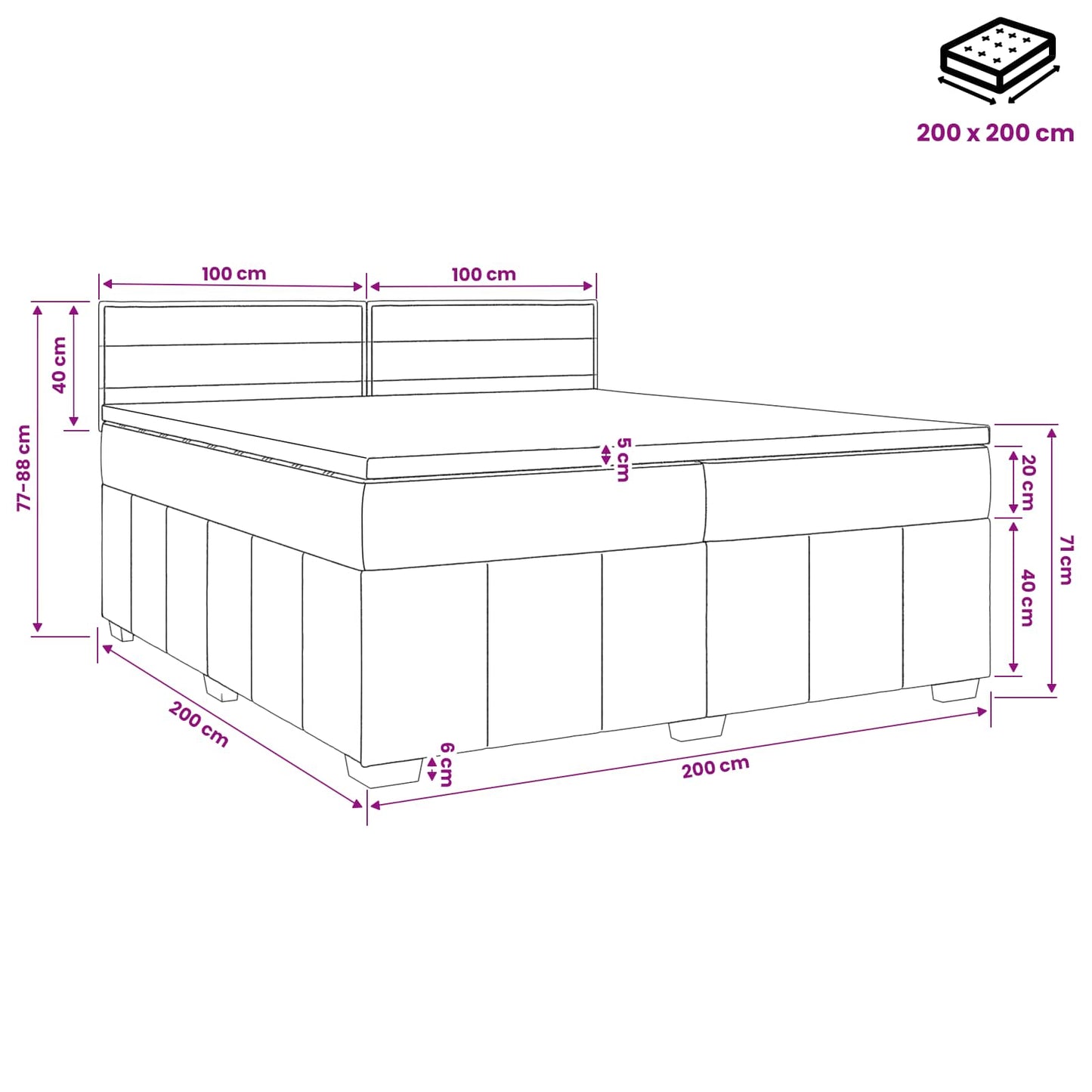 LED Boxspring Bed met Matras Donkergrijs 200 x 200 cm Stof