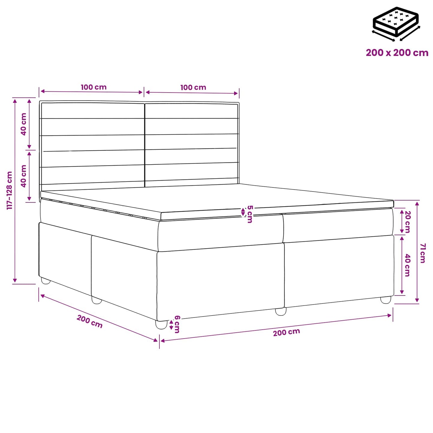 LED Boxspring Bed met Matras Donkergrijs 200 x 200 cm Stof