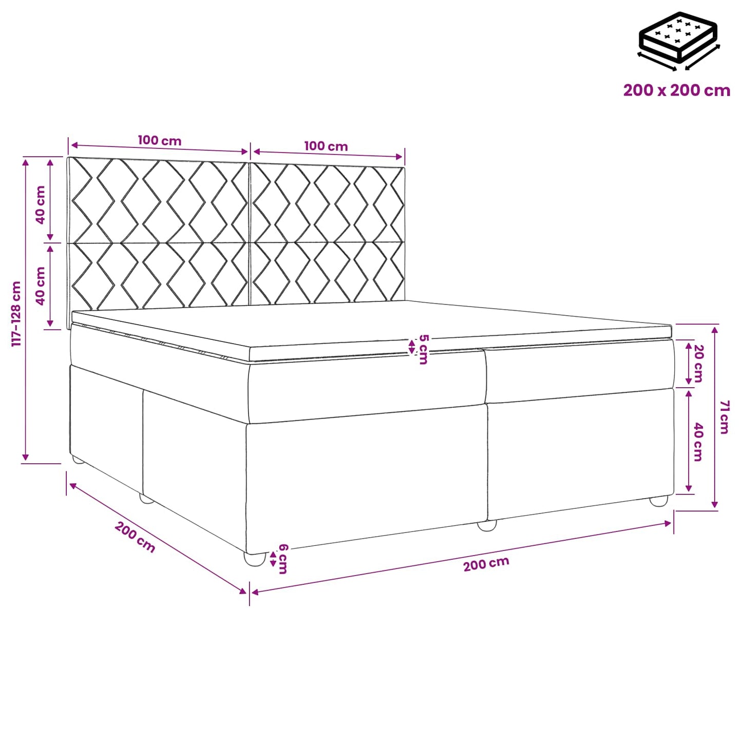 LED Boxspring Bed met Matras Lichtgrijs 200 x 200 cm Stof