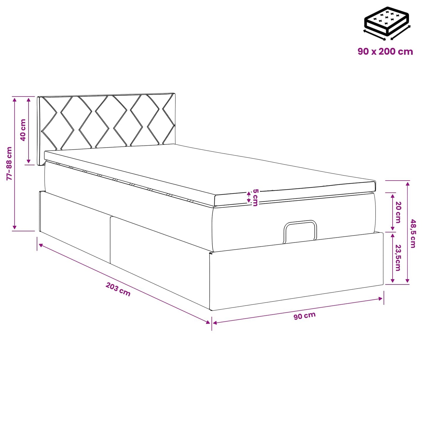 Ottoman bed met matras Donkergrijs 90 x 200 cm Fluweel
