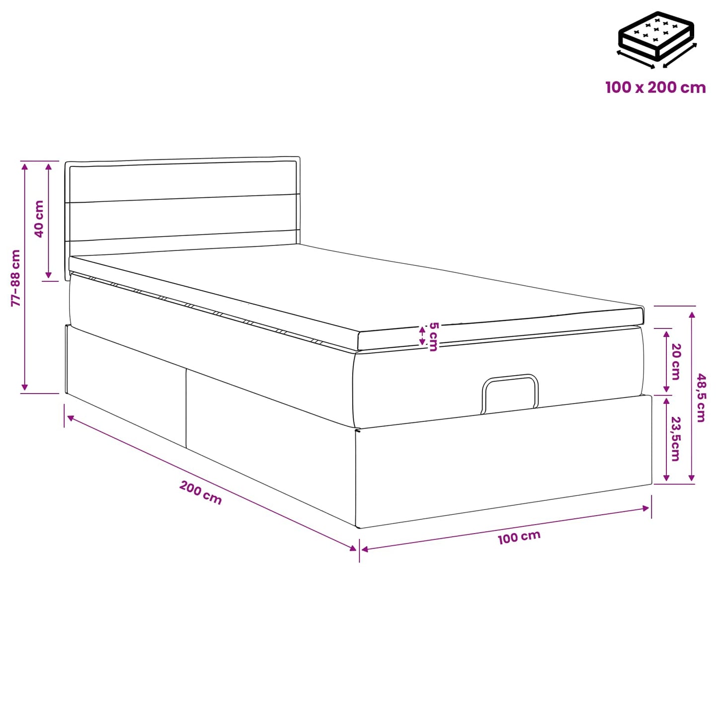 Ottoman Bed met Matrassen en LED Crèmekleurig 100 x 200 cm Stof