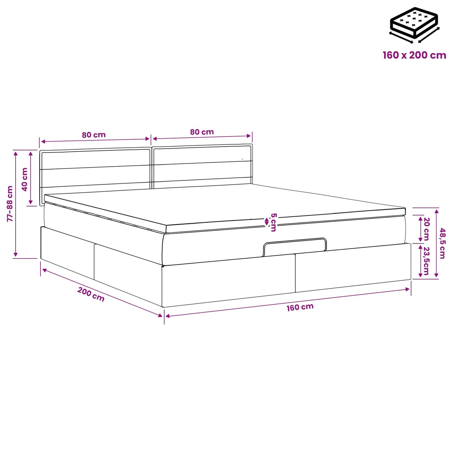 Ottoman Bed met Matrassen en LED Zwart 160 x 200 cm Stof