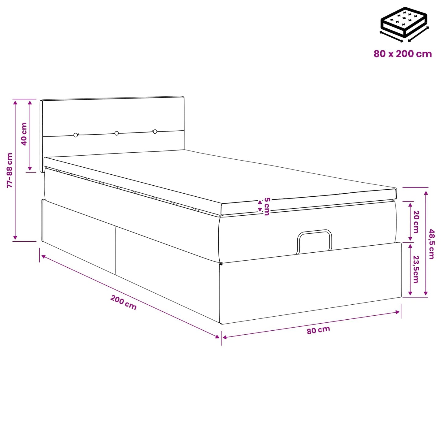 Ottoman Bed met Matrassen en LED Zwart 80 x 200 cm Stof