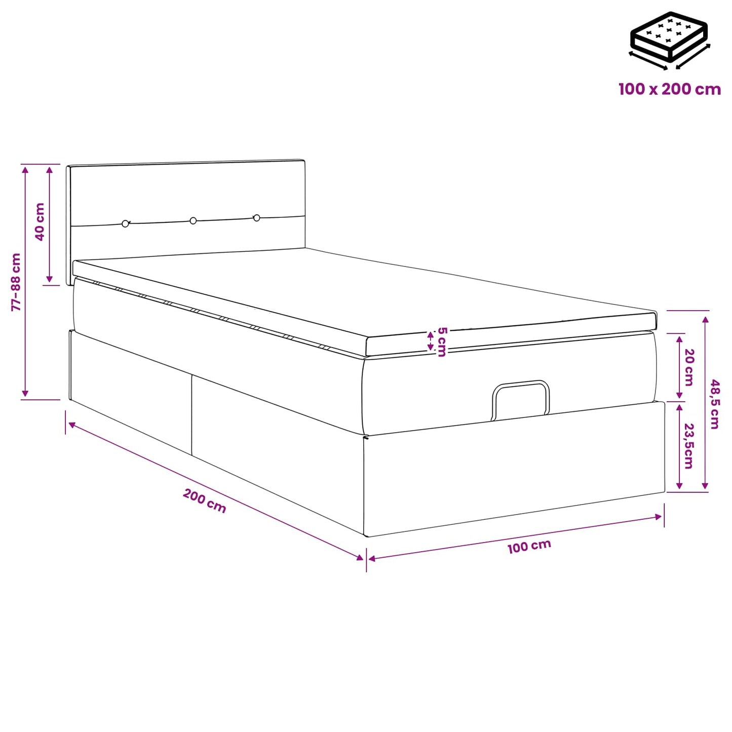 Ottoman Bed met Matrassen en LED Zwart 100 x 200 cm Stof