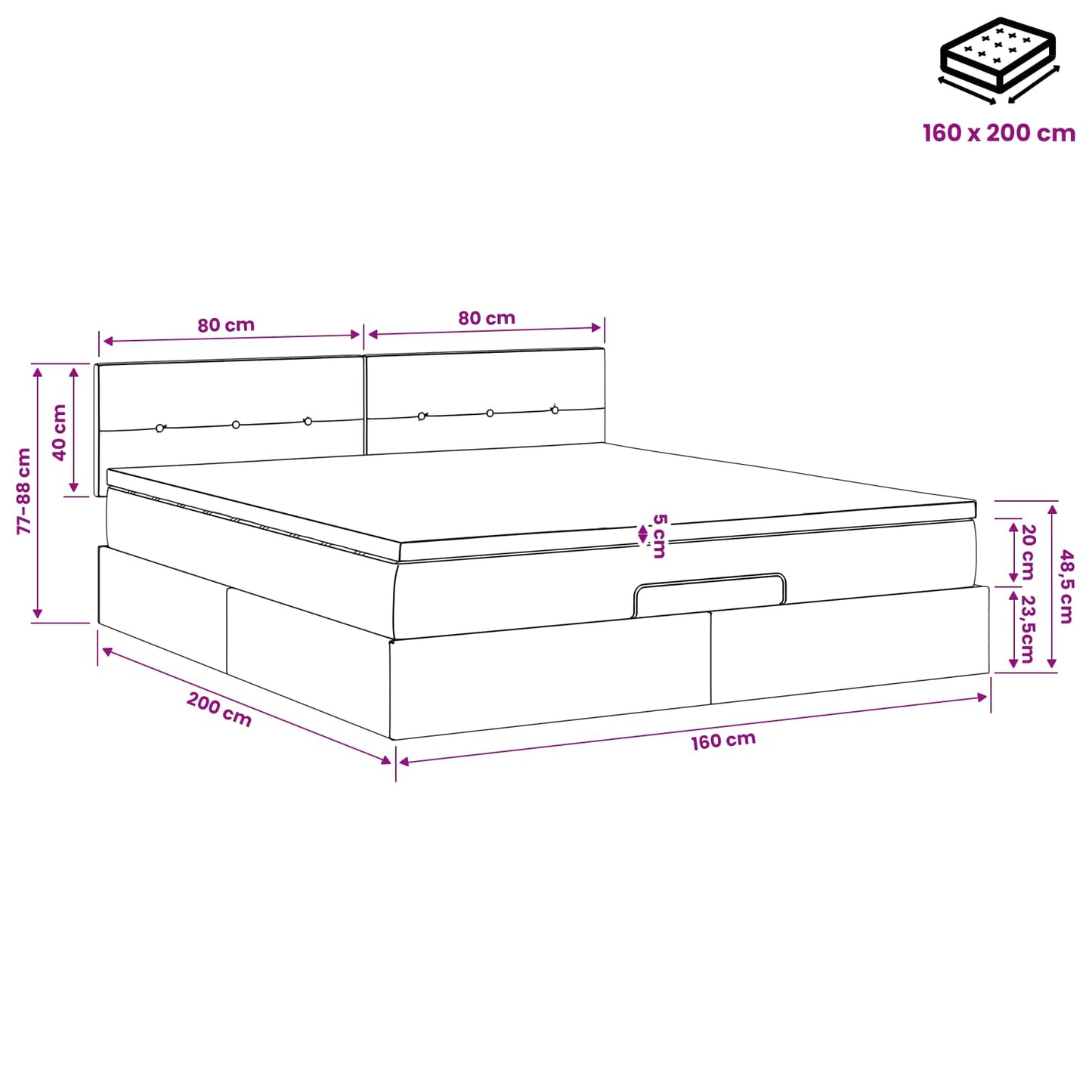 Ottoman Bed met Matrassen en LED Zwart 160 x 200 cm Stof