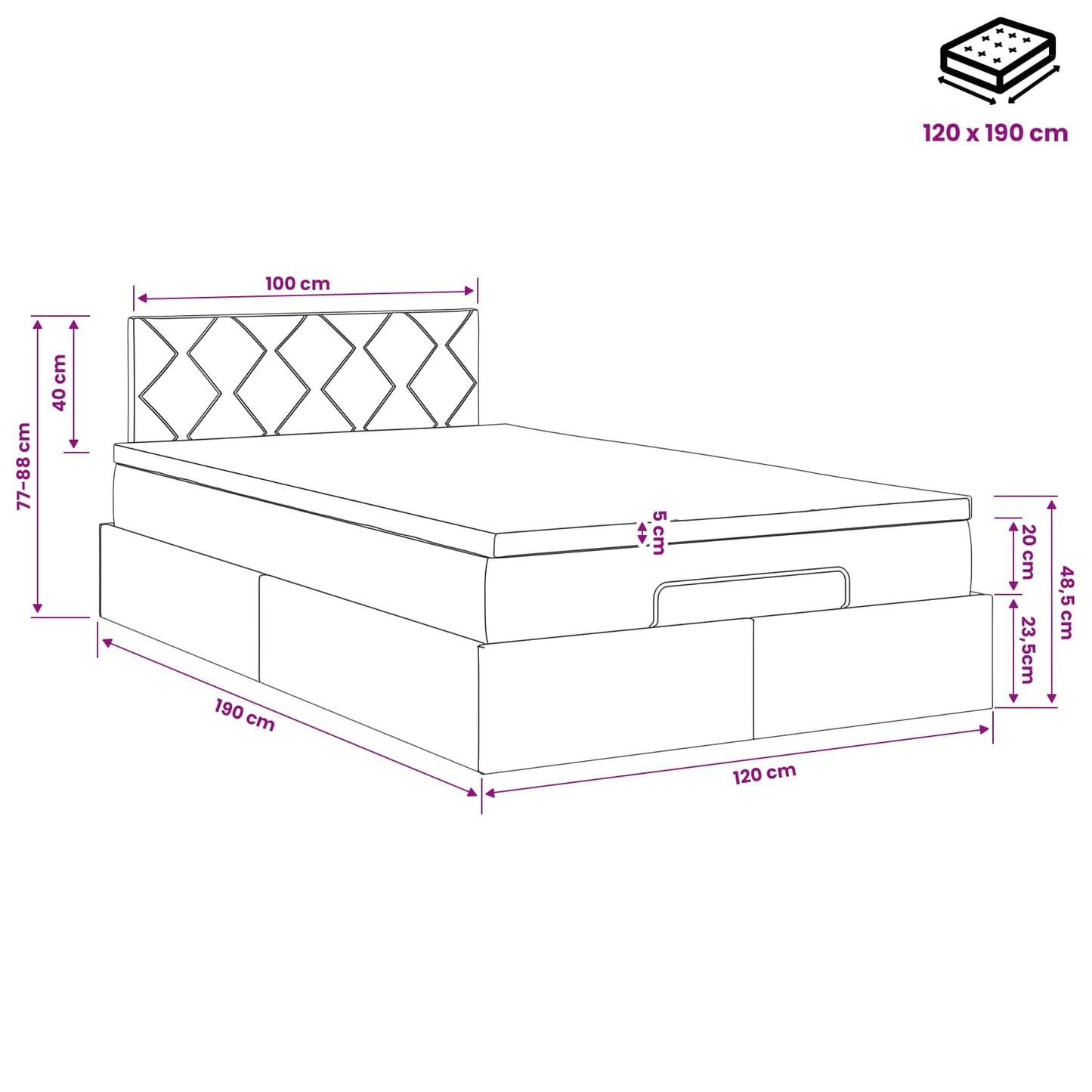 Ottoman Bed met Matrassen en LED Crèmekleurig 120 x 190 cm Stof