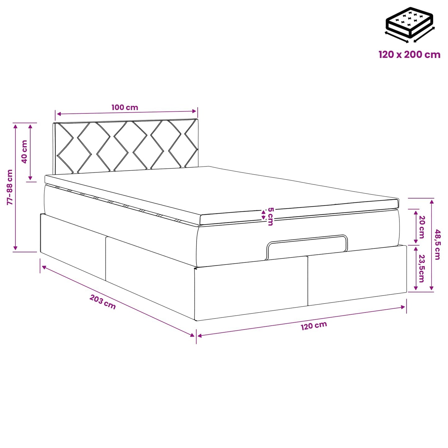 Ottoman Bed met Matrassen en LED Donkergrijs 120 x 200 cm Stof