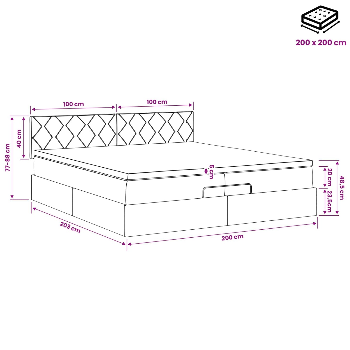 Ottoman Bed met Matrassen en LED Blauw 200 x 200 cm Stof