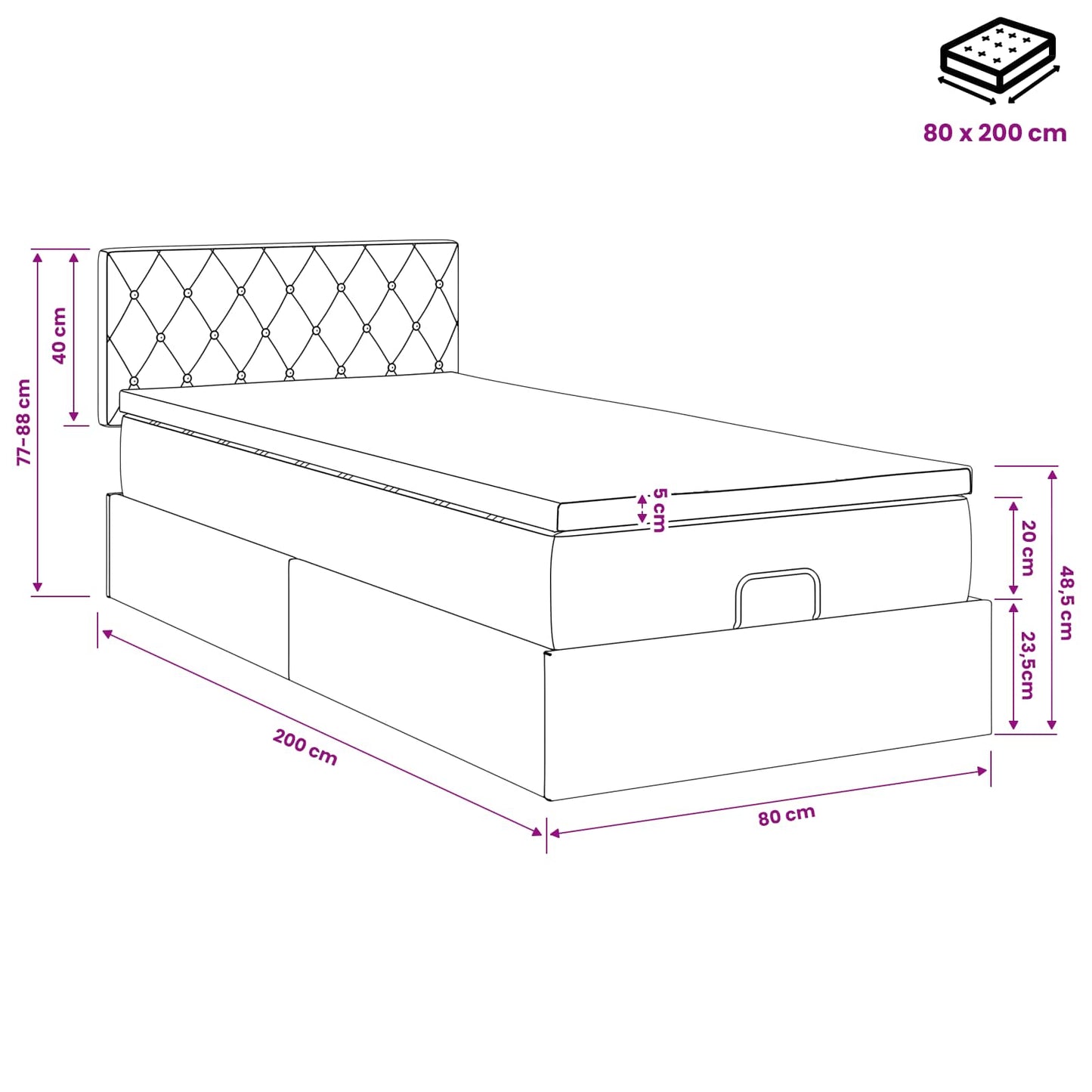 Ottoman Bed met Matrassen en LED Donkerblauw 80 x 200 cm