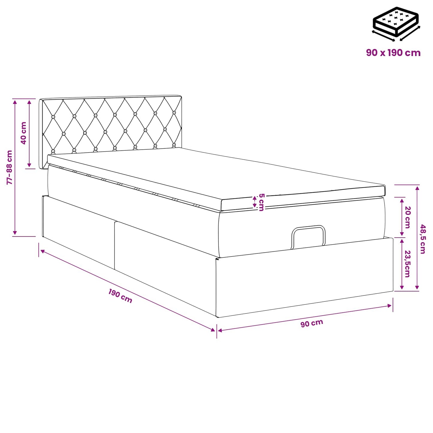 Ottoman Bed met Matrassen en LED Zwart 90 x 190 cm fluweel