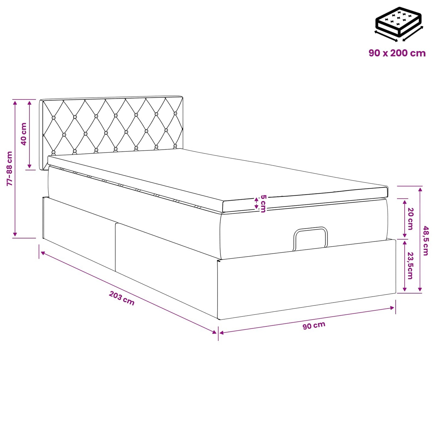 Ottoman Bed met Matrassen en LED Zwart 90 x 200 cm fluweel