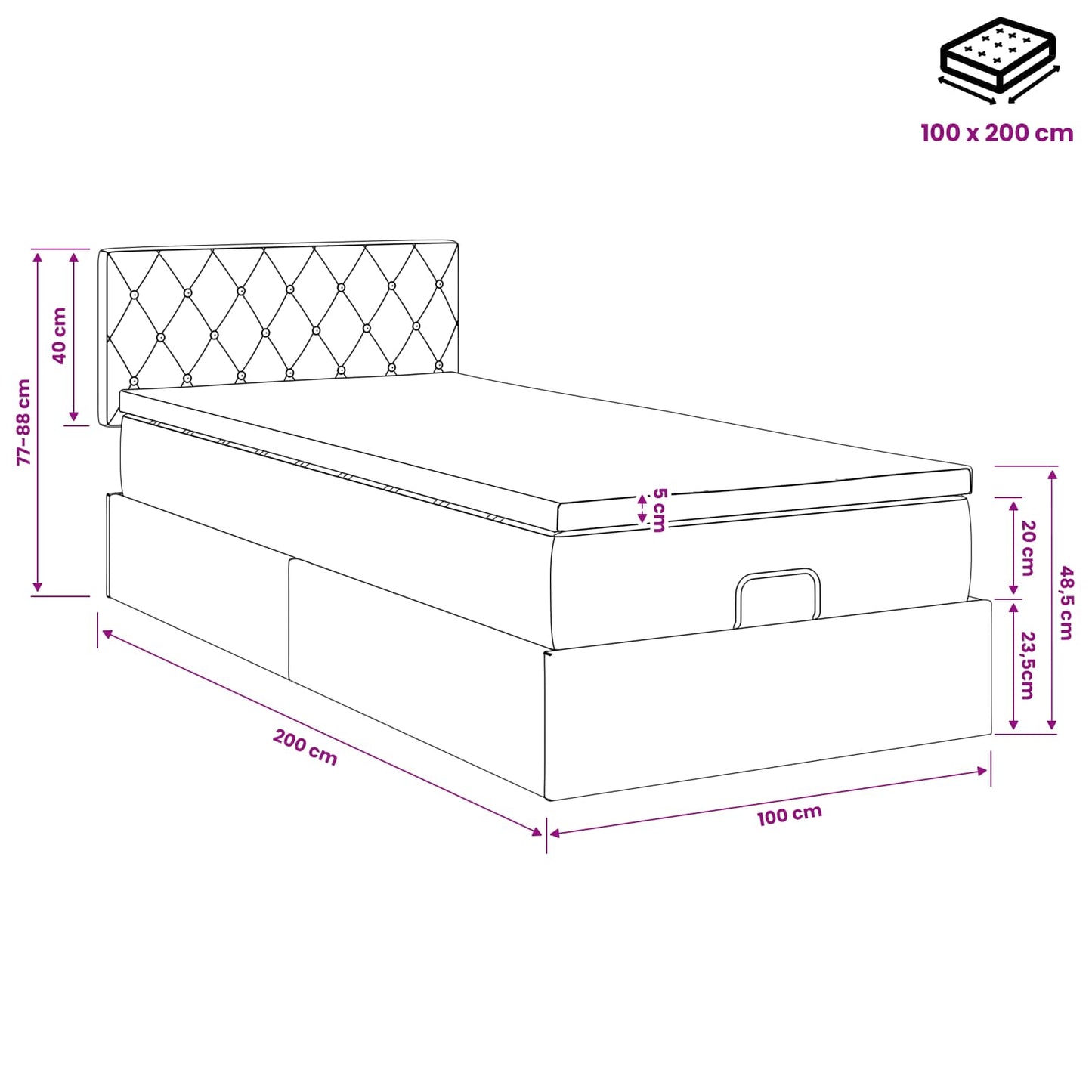 Ottoman Bed met Matrassen en LED Donkergrijs 100 x 200 cm