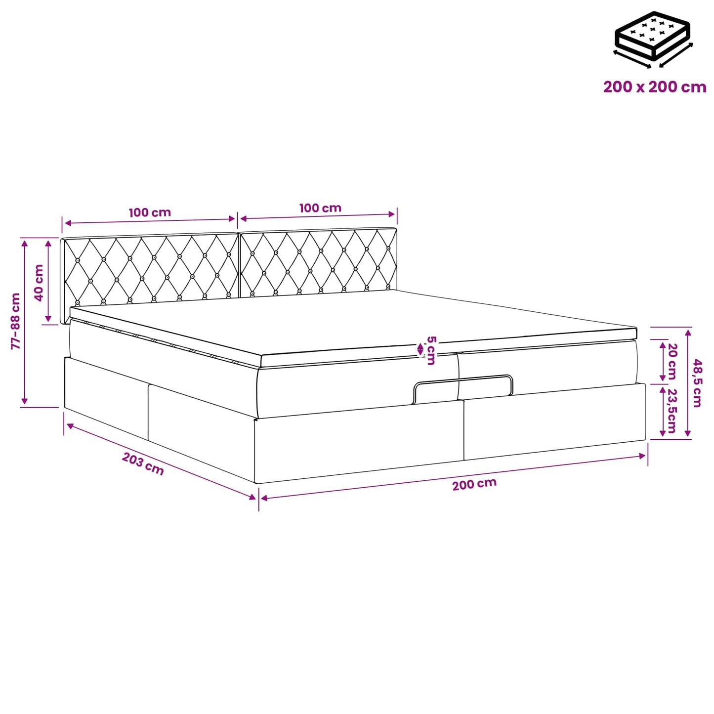 Ottoman Bed met Matrassen en LED Lichtgrijs 200 x 200 cm
