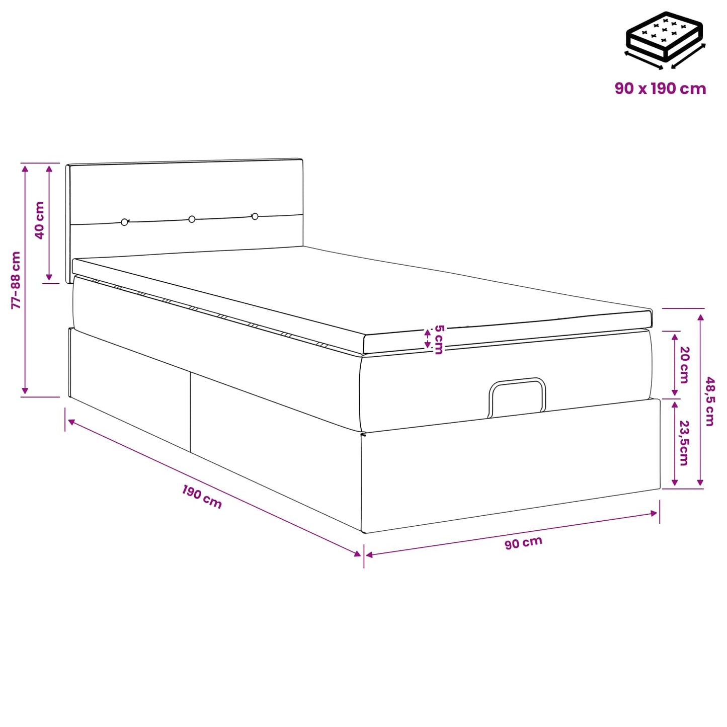 Ottoman Bed met Matrassen en LED Donkergrijs 90 x 190 cm