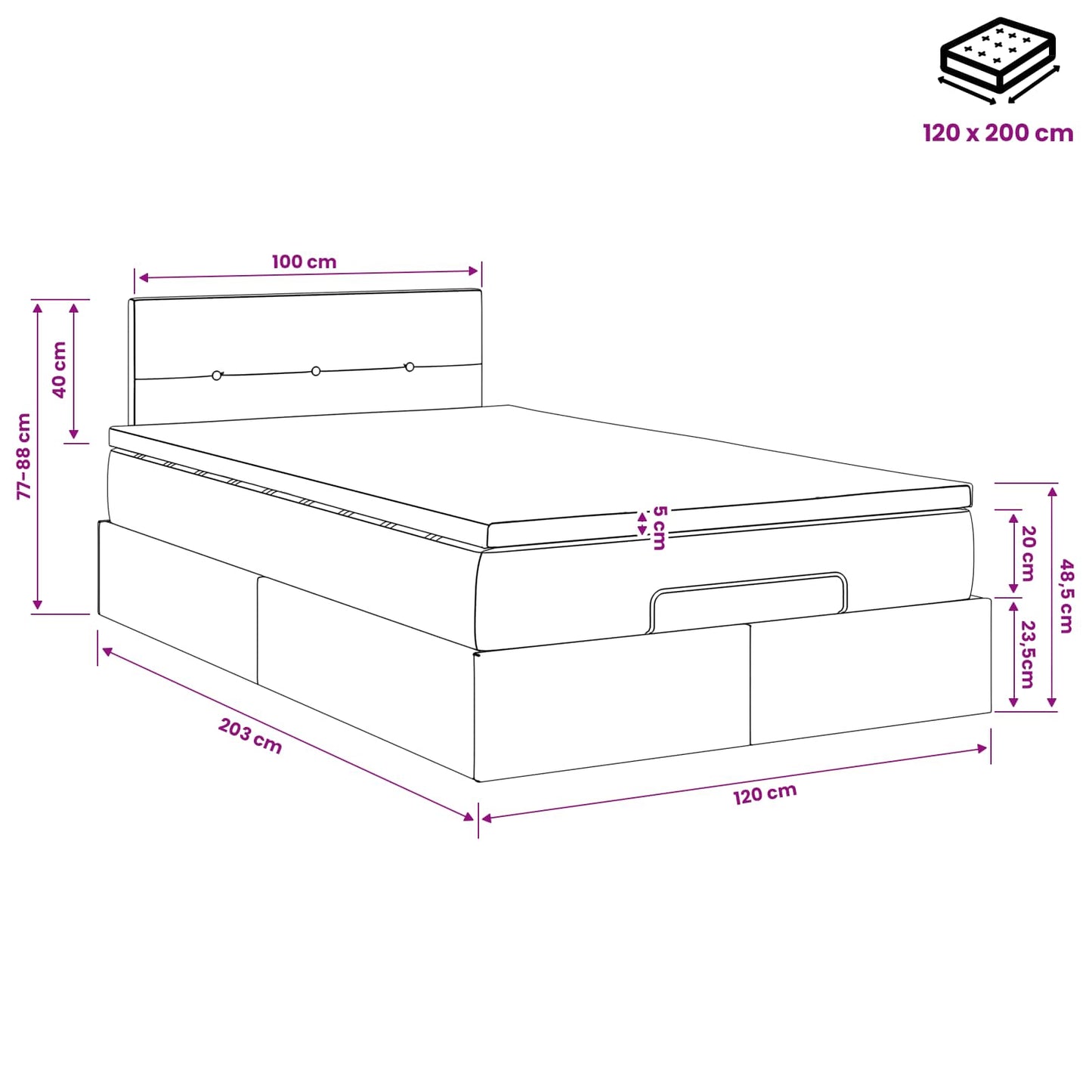 Ottoman Bed met Matrassen en LED Donkergrijs 120 x 200 cm