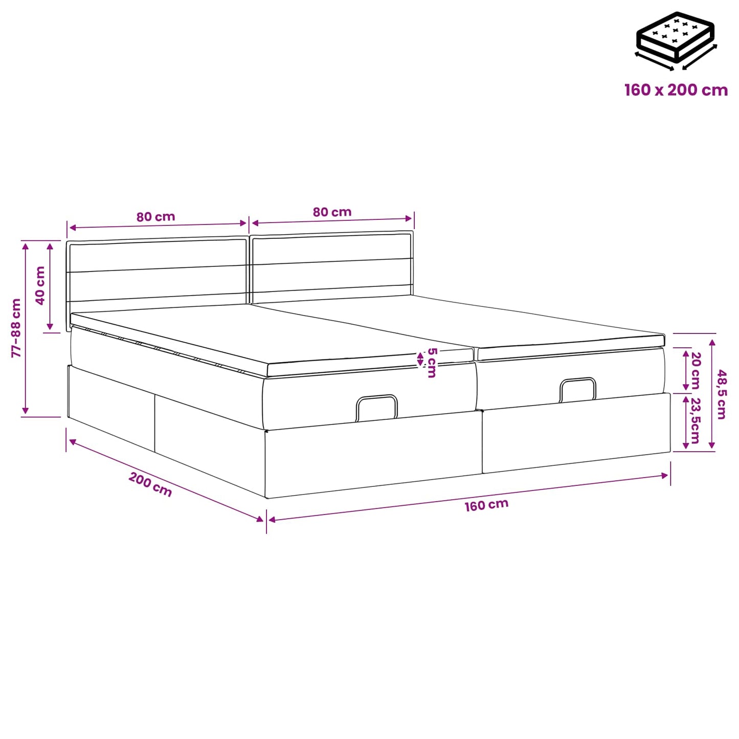 Ottoman Bed met Matrassen en LED Donkergrijs 160 x 200 cm Stof