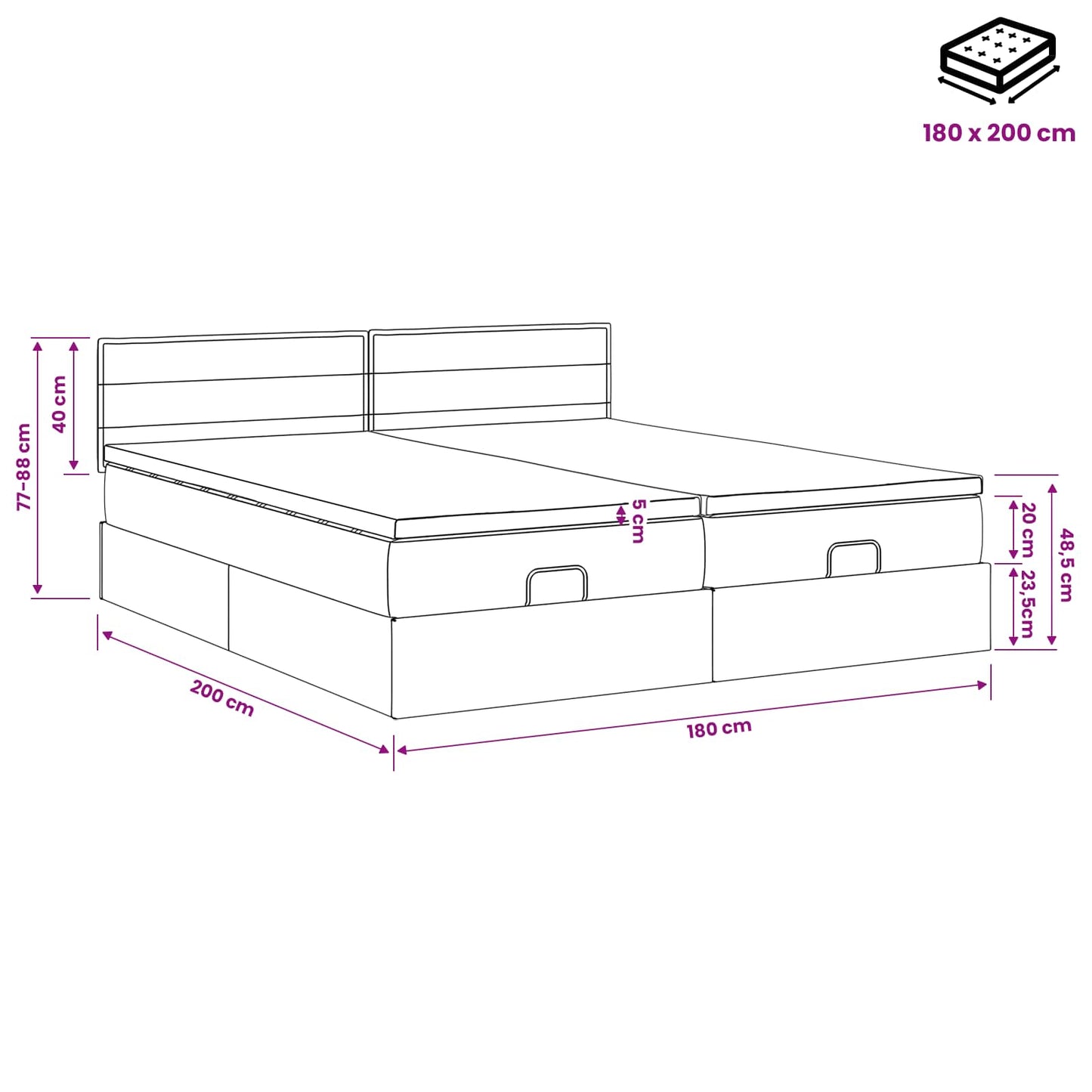 Ottoman Bed met Matrassen en LED Zwart 180 x 200 cm Stof
