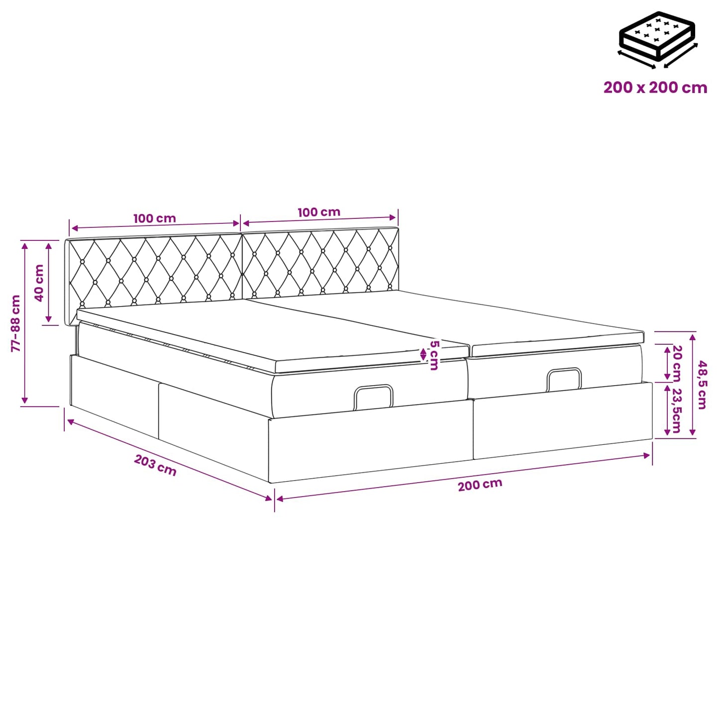 Ottoman Bed met Matrassen en LED Donkerblauw 200 x 200 cm